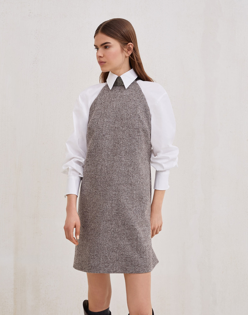 Virgin wool herringbone tweed dress with precious beaded collar 1