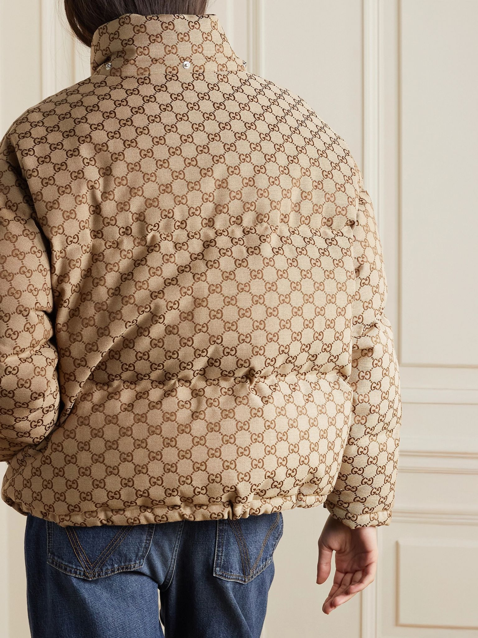 Hooded padded cotton-blend logo-jacquard down jacket Camel - 6