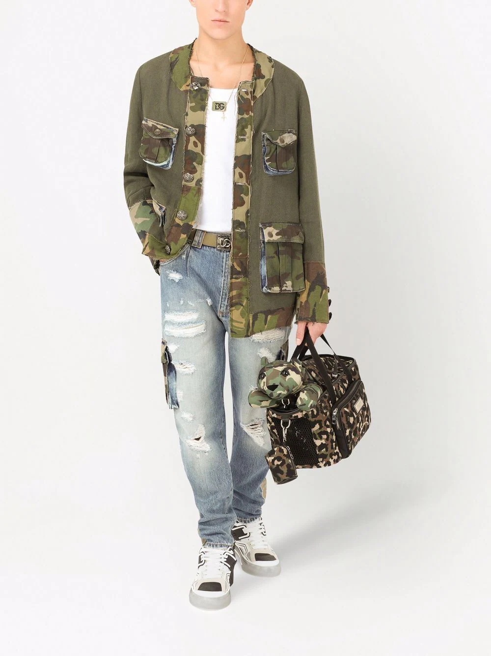 camouflage-trim collarless jacket - 2