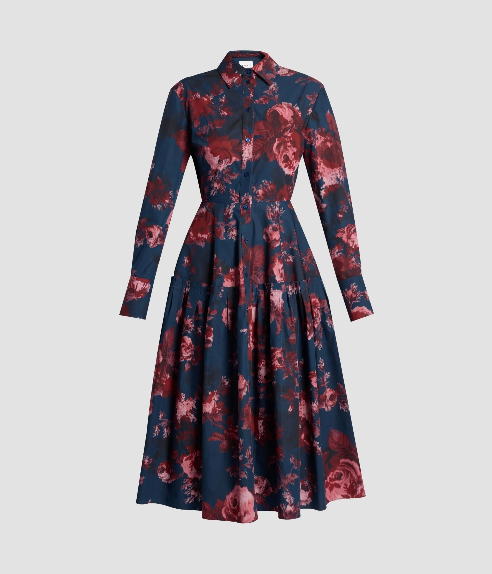 FLORAL COTTON DRAPED LONG SLEEVE SHIRT DRESS - 1