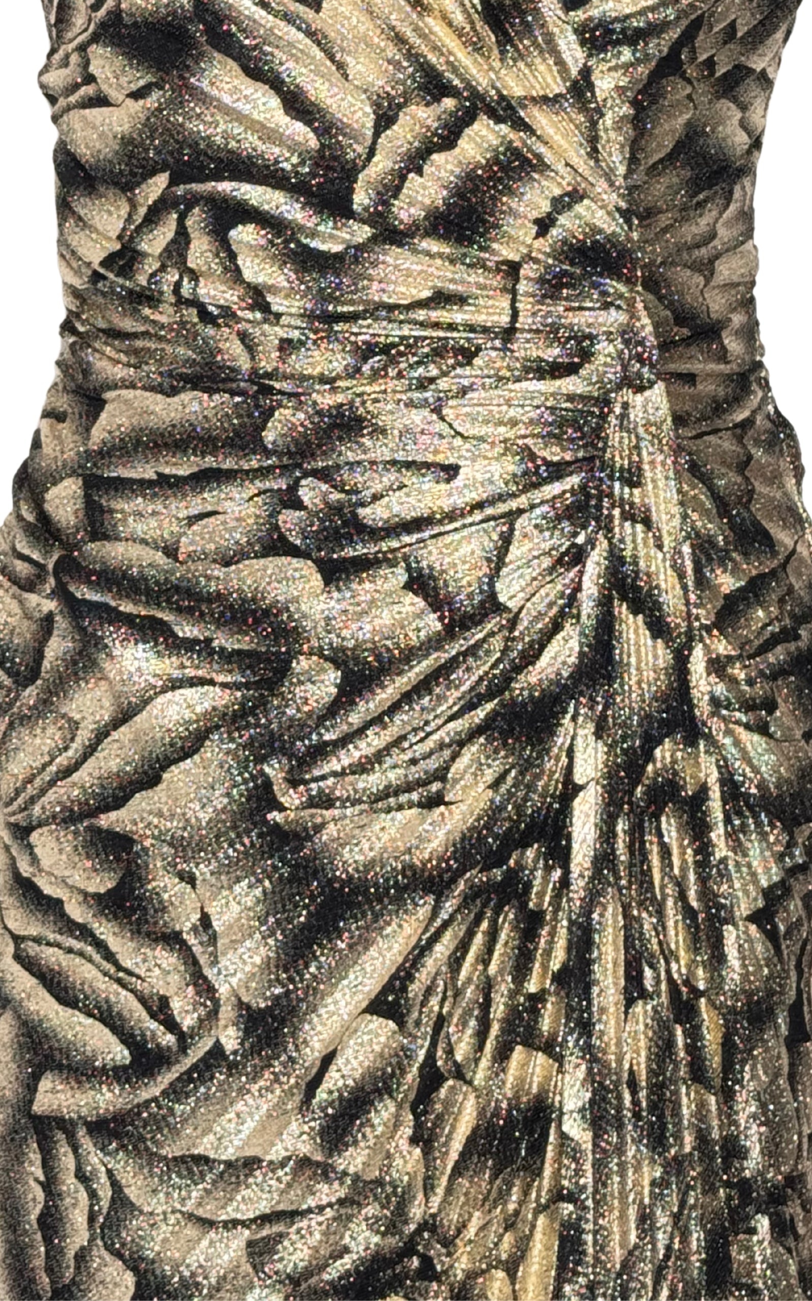 Cult Moda - Black Rose Print Gold Shimmer Pleated Prom Dress - 3