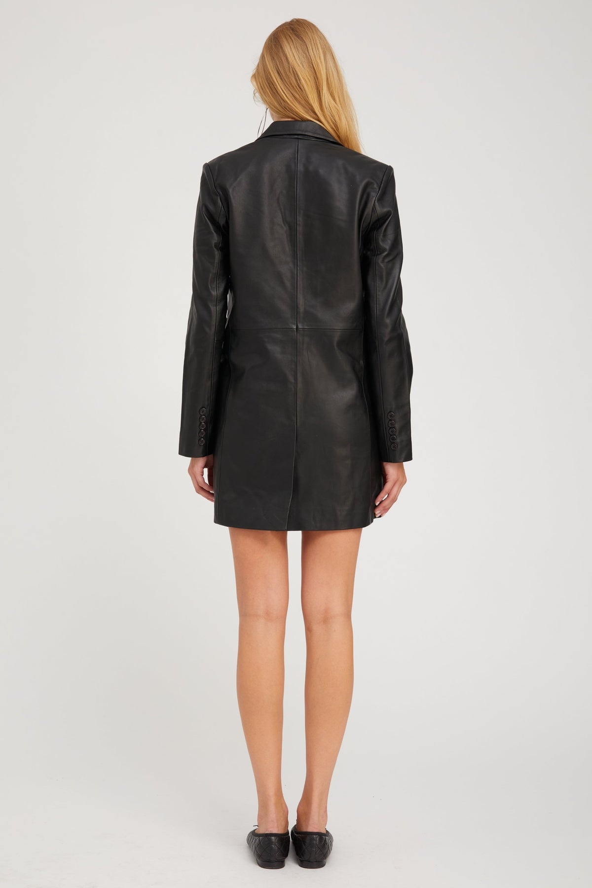 BLACK LEATHER BLAZER COAT - 5