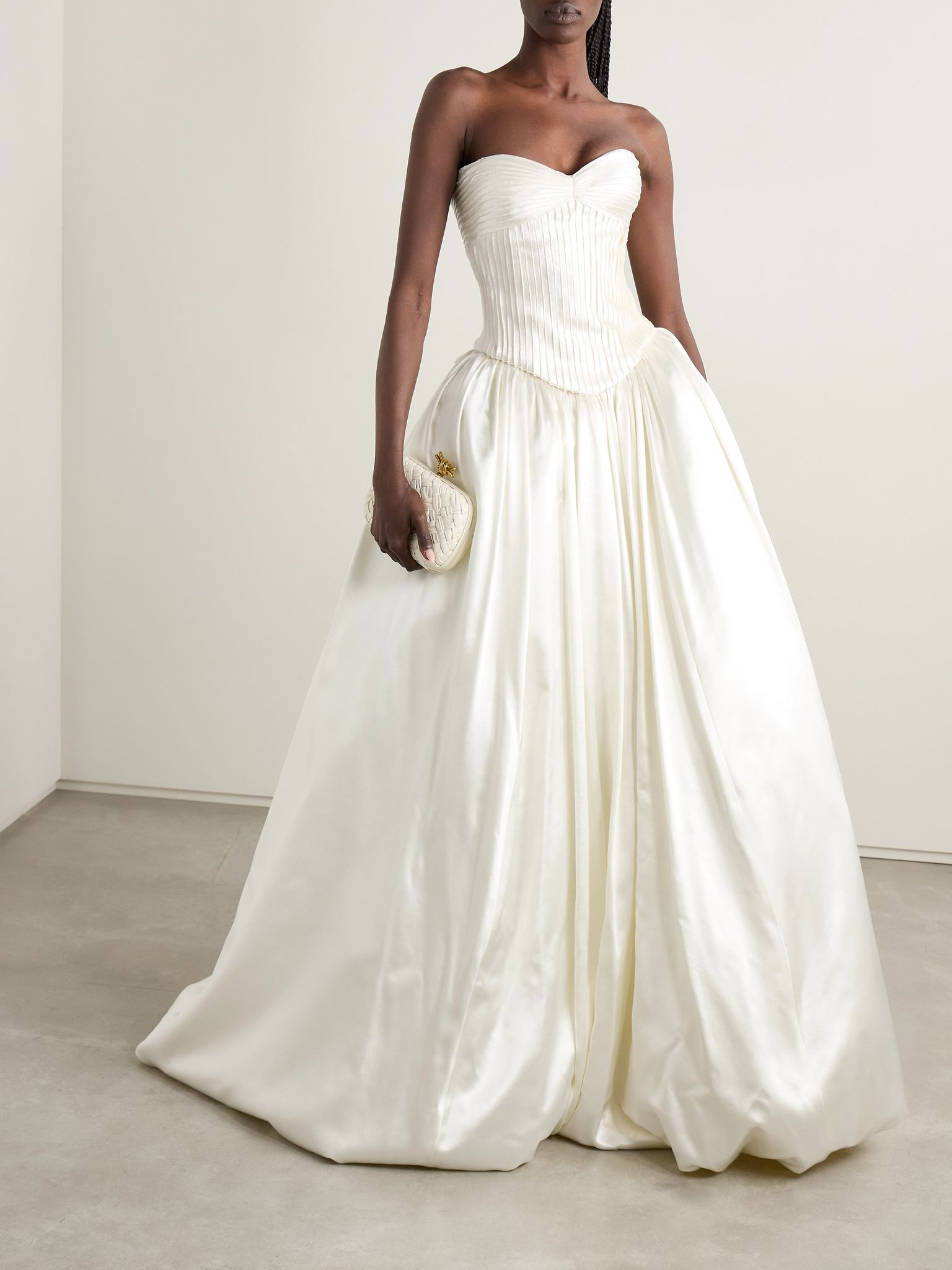 Ella strapless frayed pintucked silk and wool-blend satin bustier top Off-white - 2