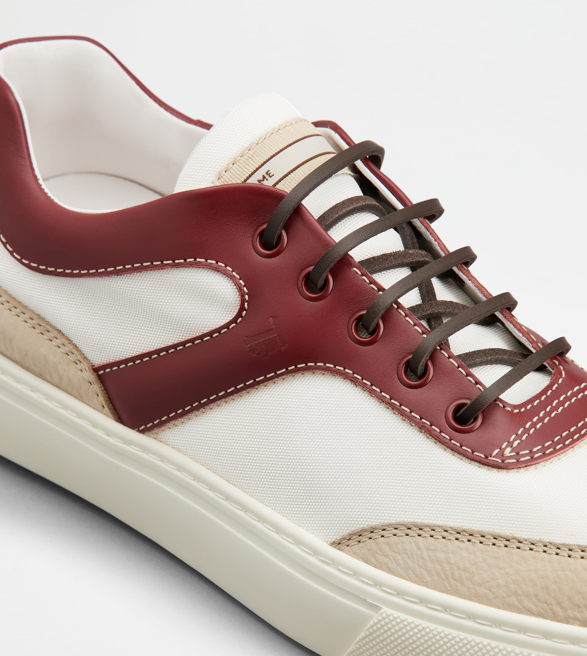 SNEAKERS IN LEATHER AND FABRIC - WHITE, BURGUNDY, BEIGE - 5