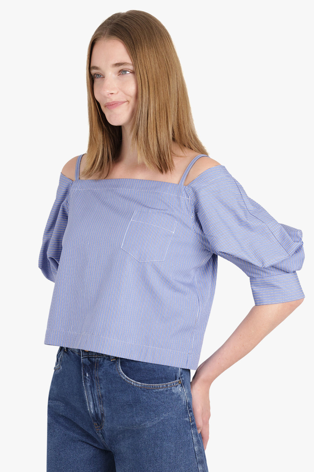 OFF SHOULDER STRIPE TOP WITH EXAGGERATED WING SLEEVE | BLUE - 7
