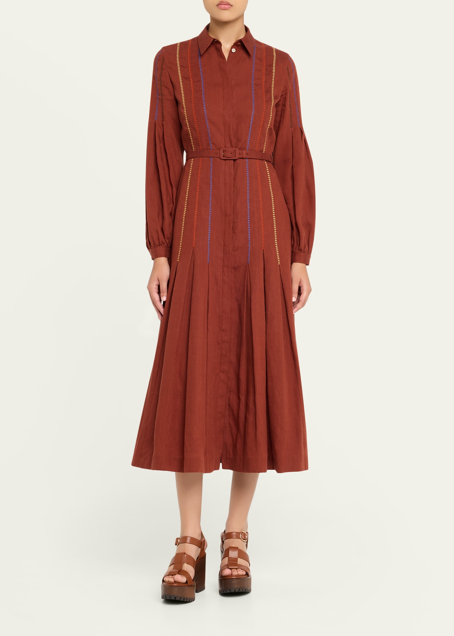 Aleka Pleated Linen Long-Sleeve Midi Shirtdress - 2
