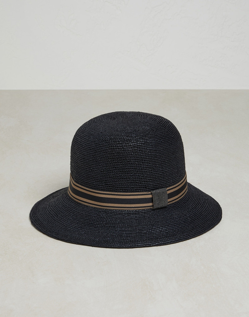 Straw hat with striped band and monile 1