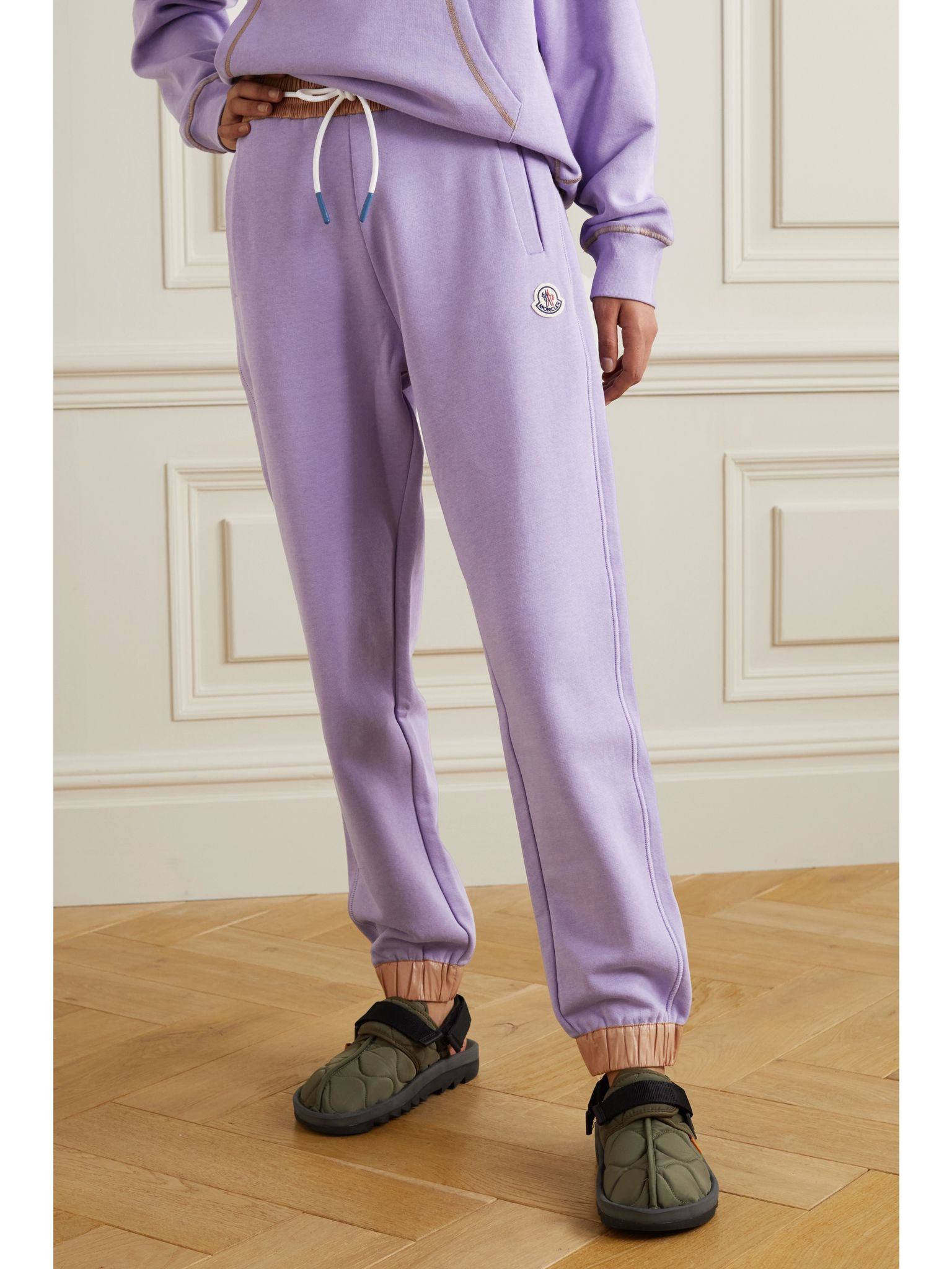 Faux leather-trimmed cotton-blend jersey track pants Lilac - 3
