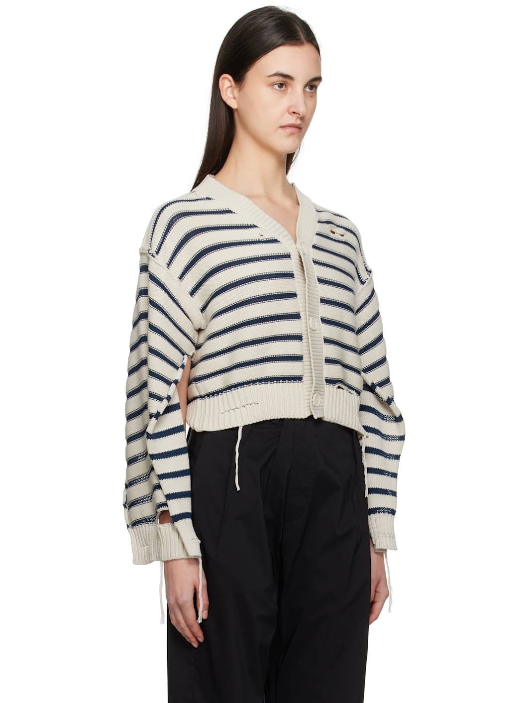 Off-White & Navy V-Neck Cardigan - 2