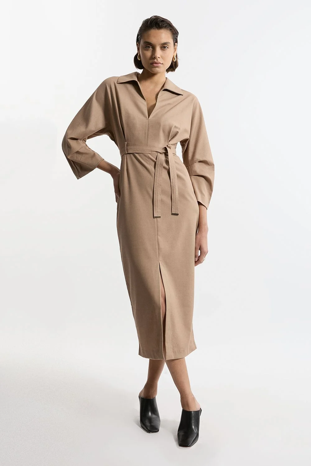 Tailored Wide Sleeve Midi Shirt Dress - 1