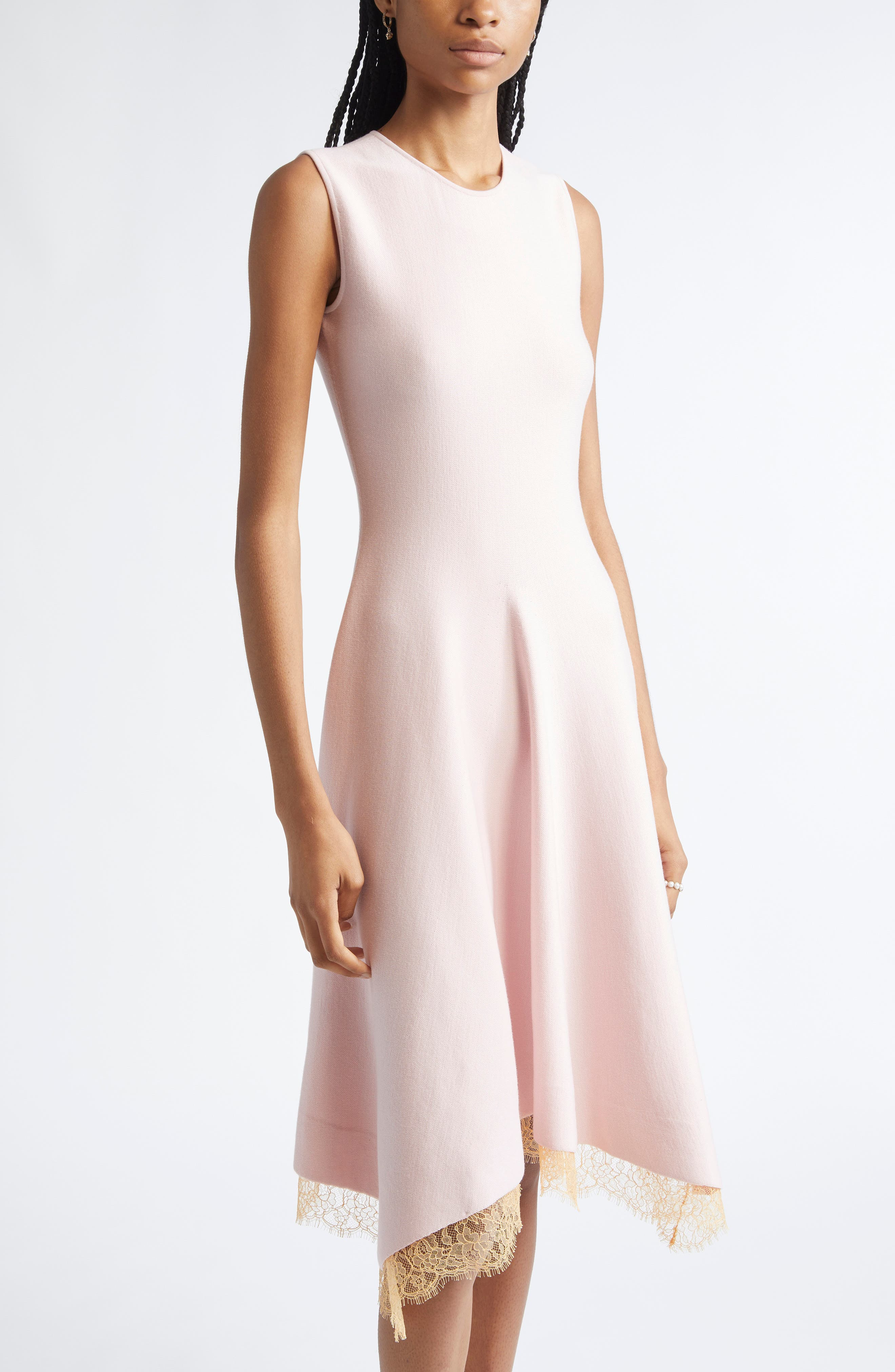 McQueen Lace Trim Asymmetric Wool Blend Knit Dress in Rose/Peach at Nordstrom - 5