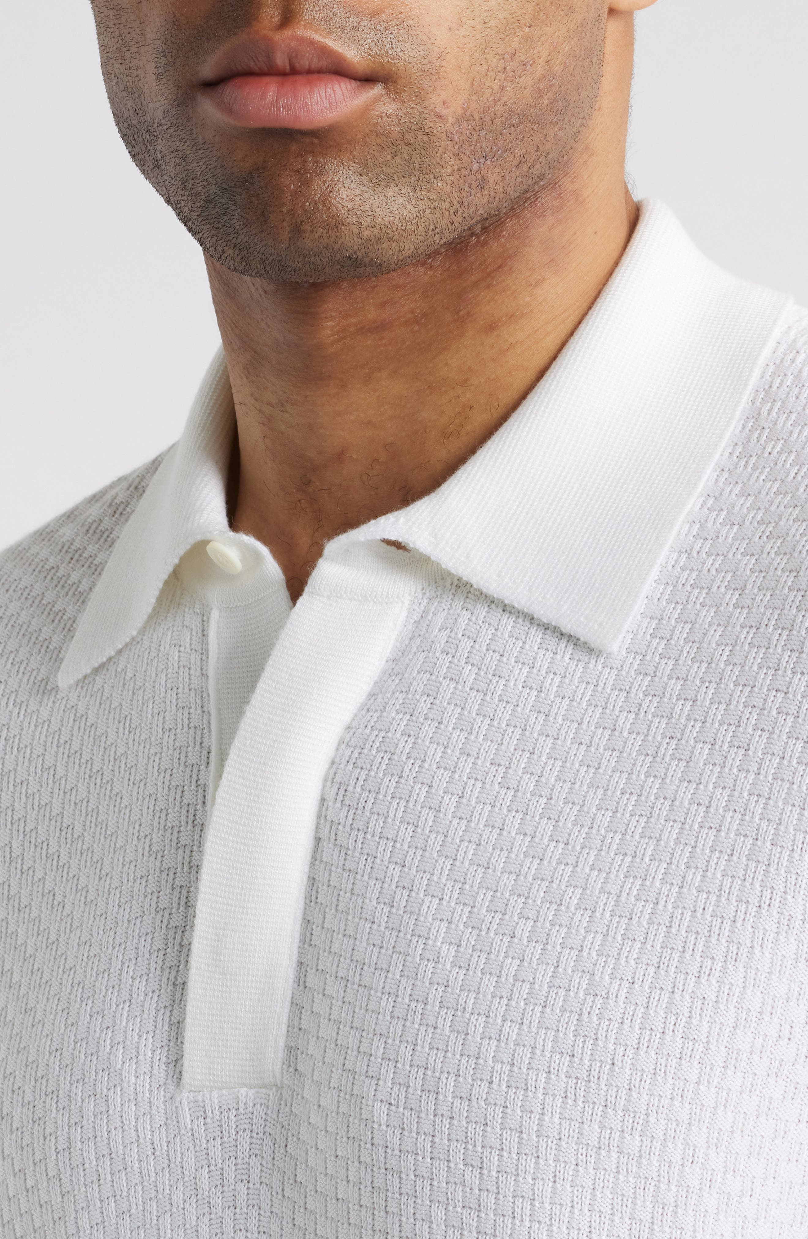 Canali Short Sleeve Textured Cotton & Modal Polo Sweater in White at Nordstrom - 4