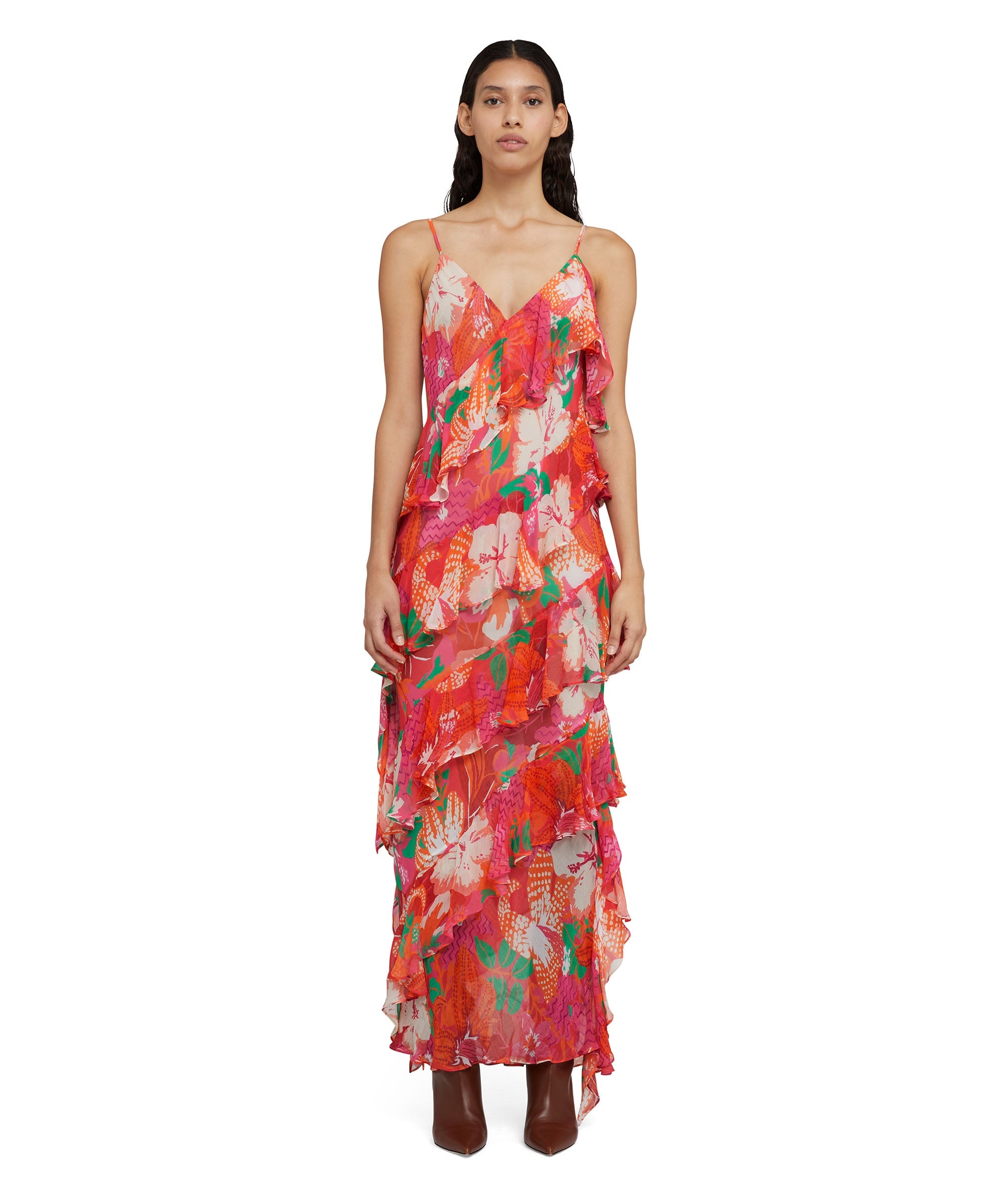 Long dress with ruffles in cr&ecirc;pe viscose with "Tropical" print - 1
