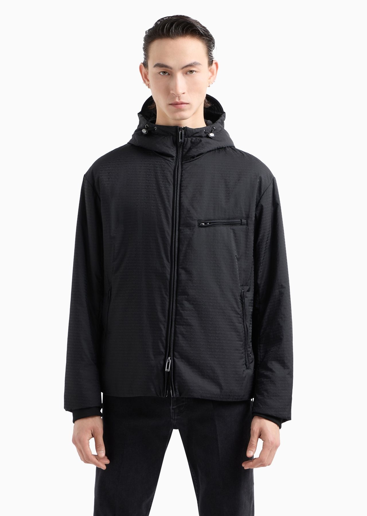 Lightweight nylon, hooded zip-up blouson with all-over jacquard lettering - 2