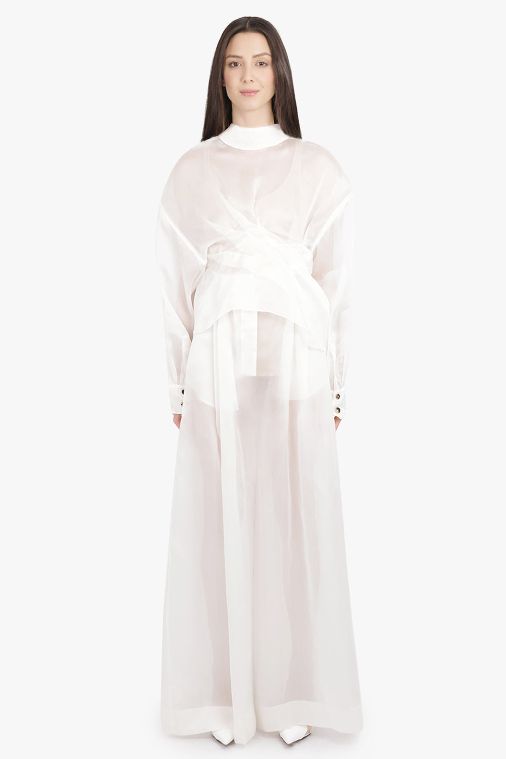 SHEER TWISTED L/S SHIRT WITH BALLOON SLEEVE DETAIL | WHITE - 4
