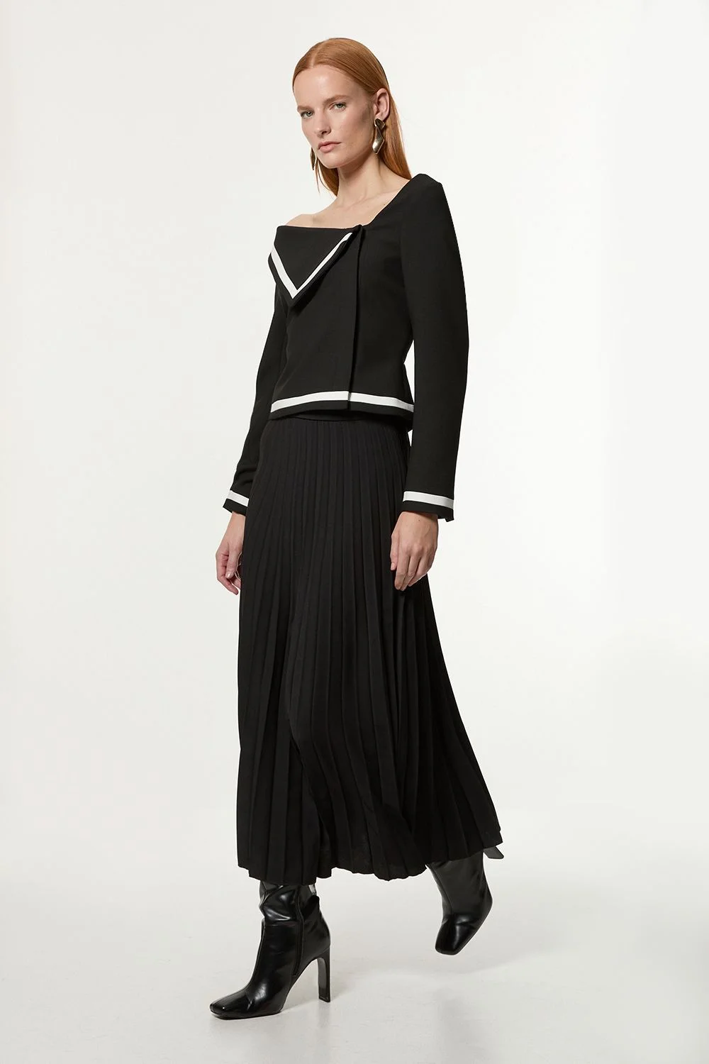 Compact Stretch Asymmetric Neck Colour Block Pleated Tailored Midaxi Dress - 1