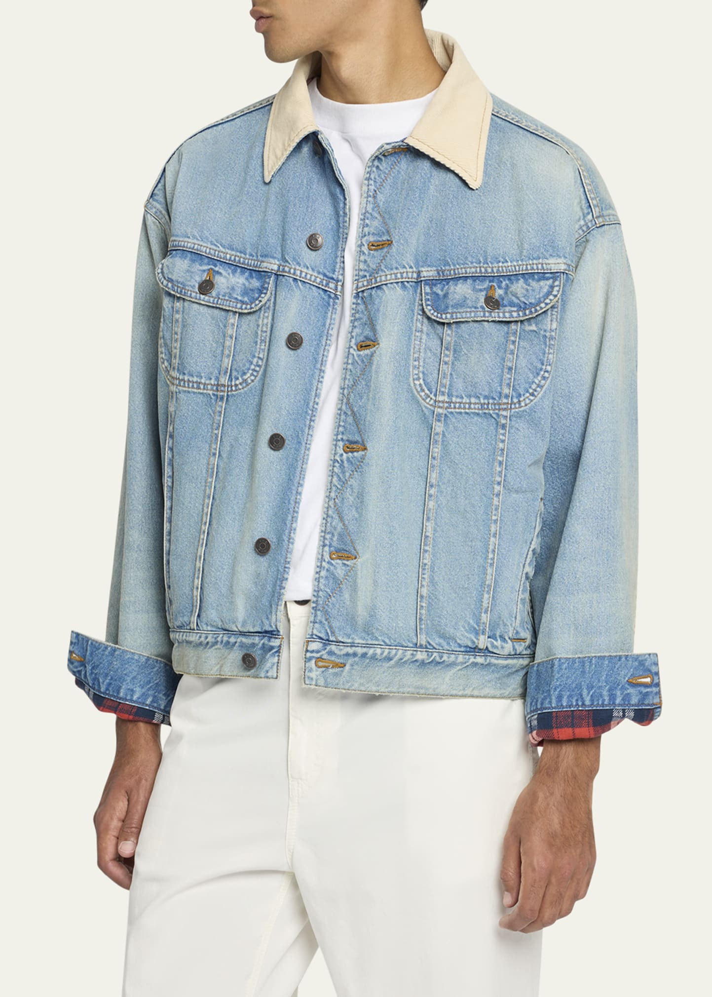 Men's Denim Jacket with Corduroy Collar - 4