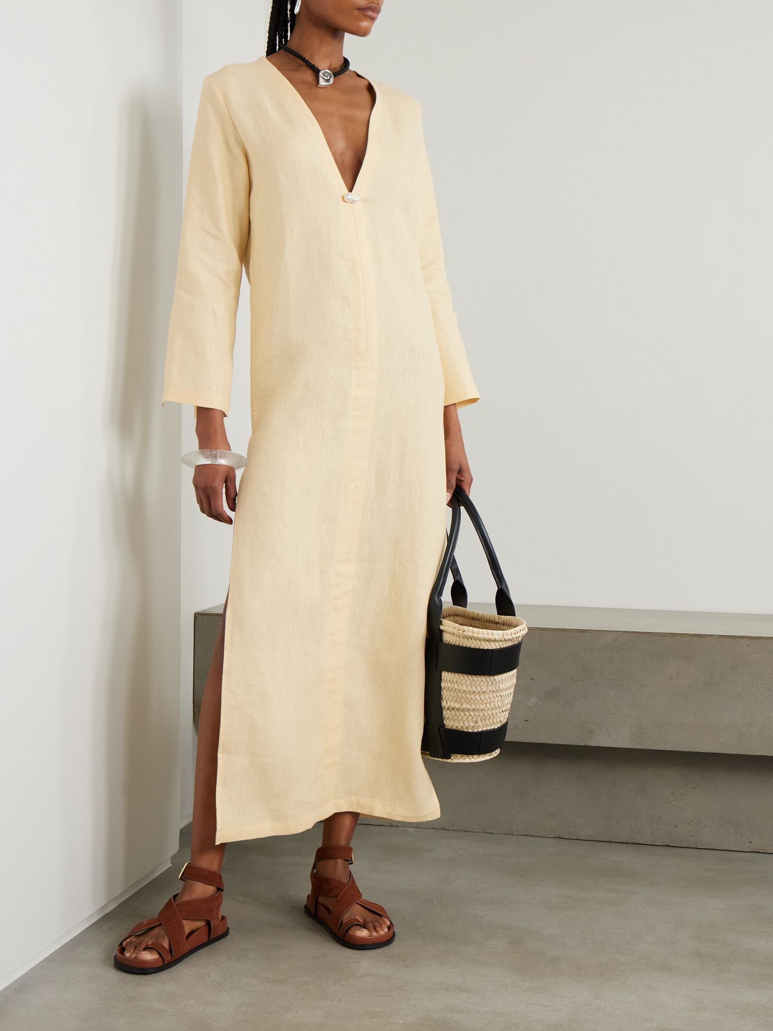 Pearl-embellished linen kaftan Cream - 2
