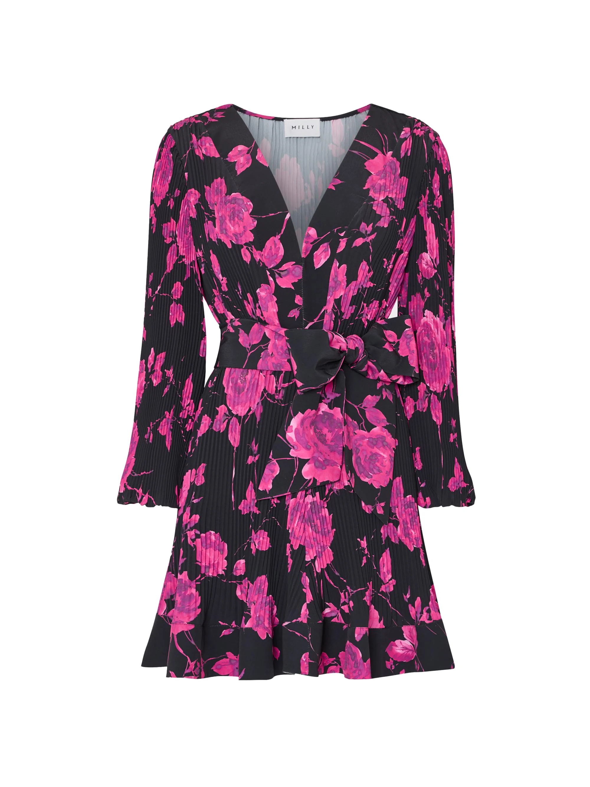 Women's Liv Amarilla Rose Pleated V-Neck Minidress - Black Pink - 1