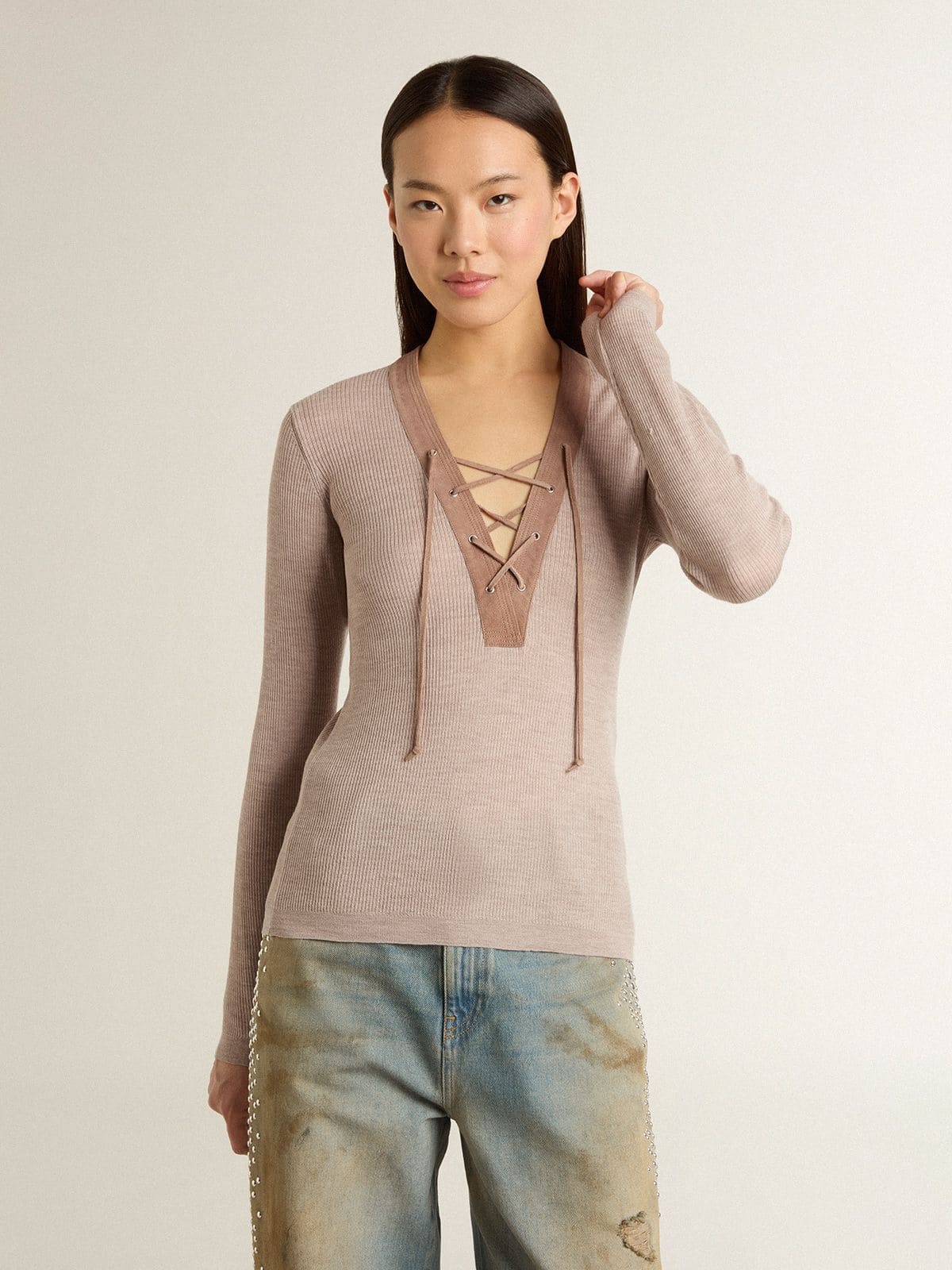 Beige wool sweater with leather details - 2