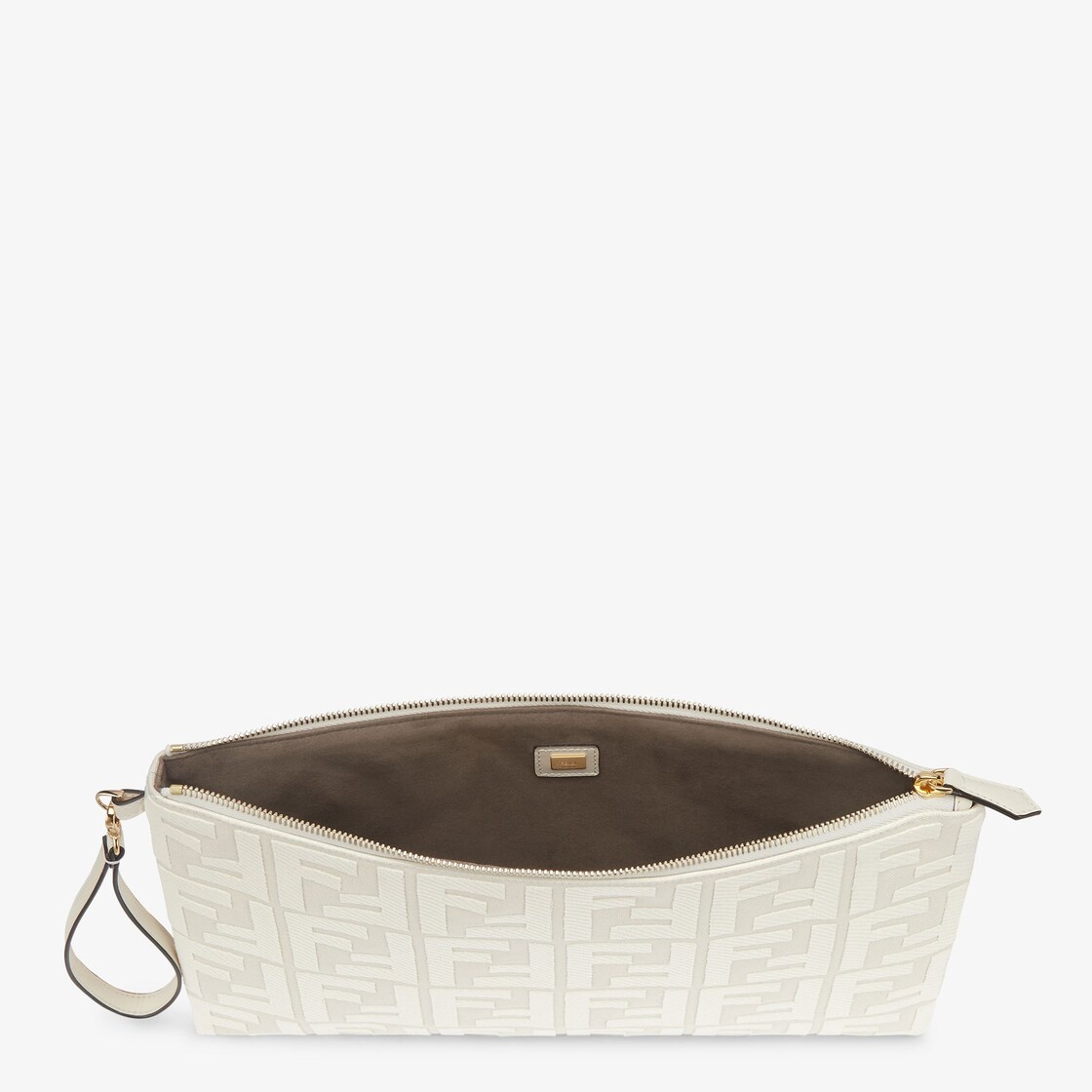 Large pouch with removable bracelet handle. Zipper closure. Made of white canvas with FF embroidery. - 3