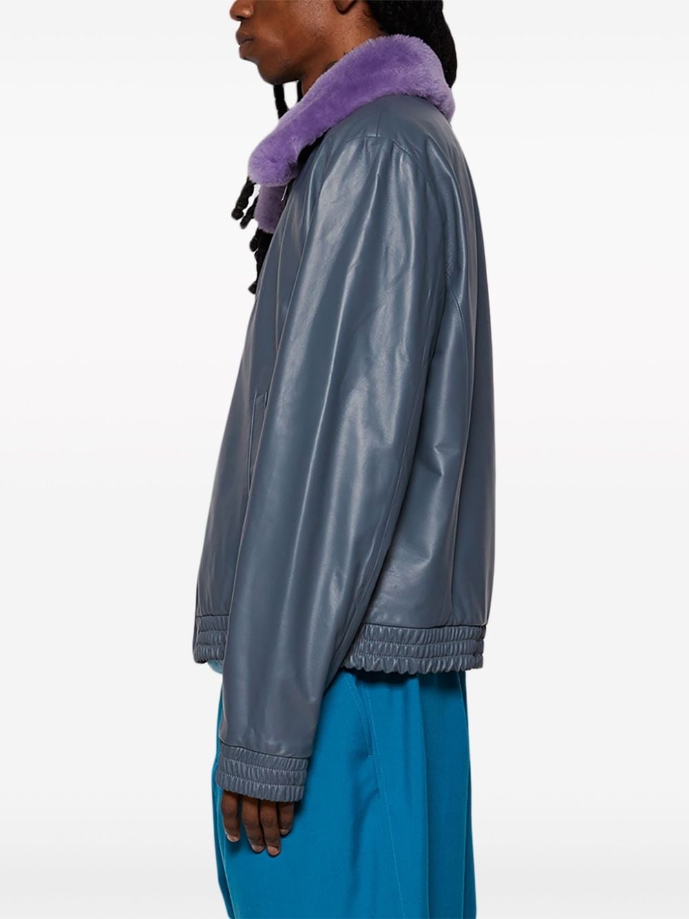 contrast-collar leather jacket - 4