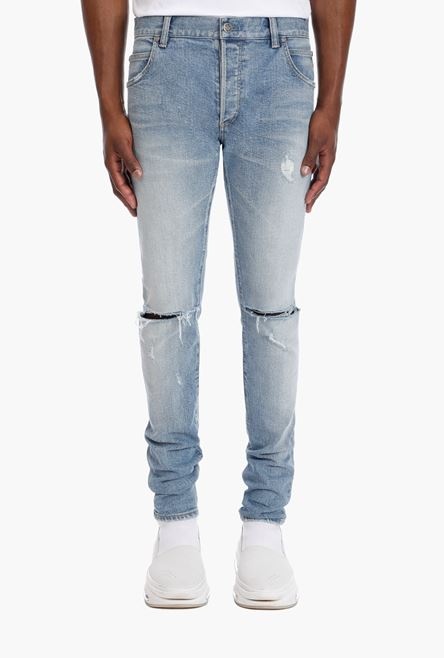 Slim-cut ripped blue cotton jeans - 6