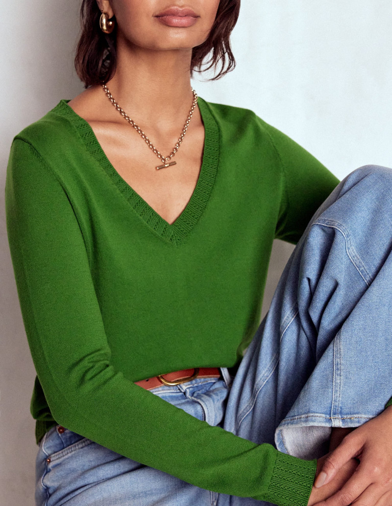 Emilia Cotton V Neck Sweater-Promenade Green 1