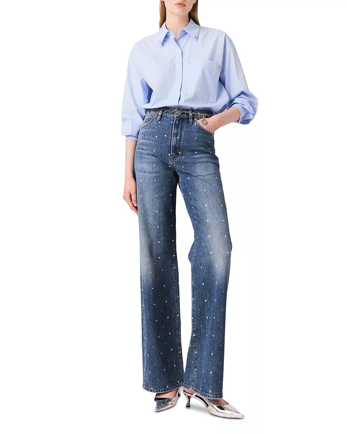 Studded High Rise Wide Leg Jeans in Blue - 5