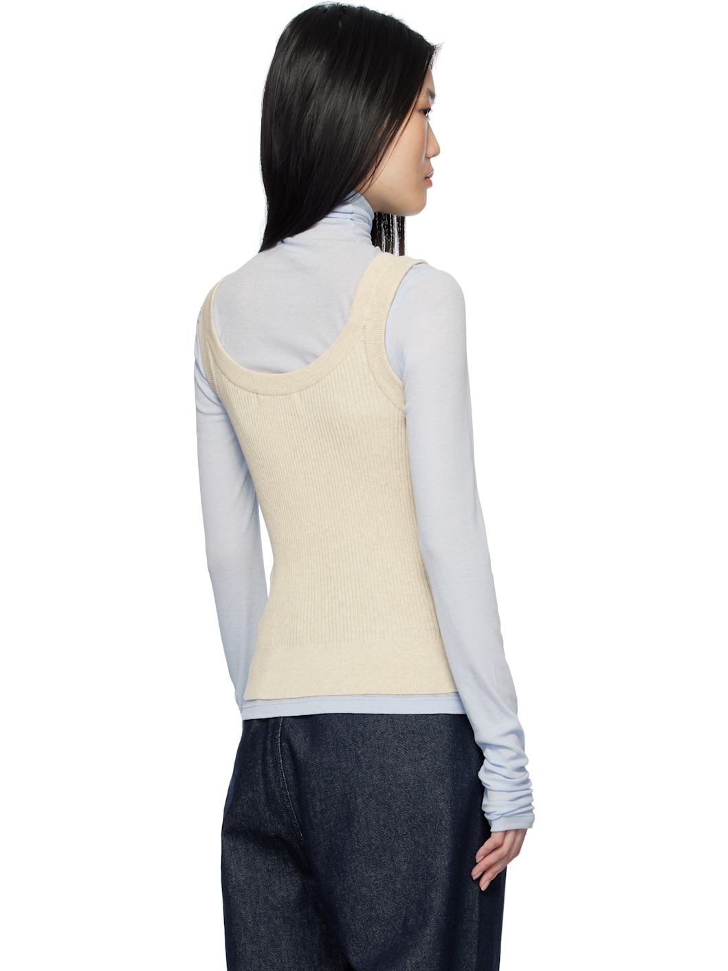 Beige Ribbed Scoop Neck Tank Top - 3