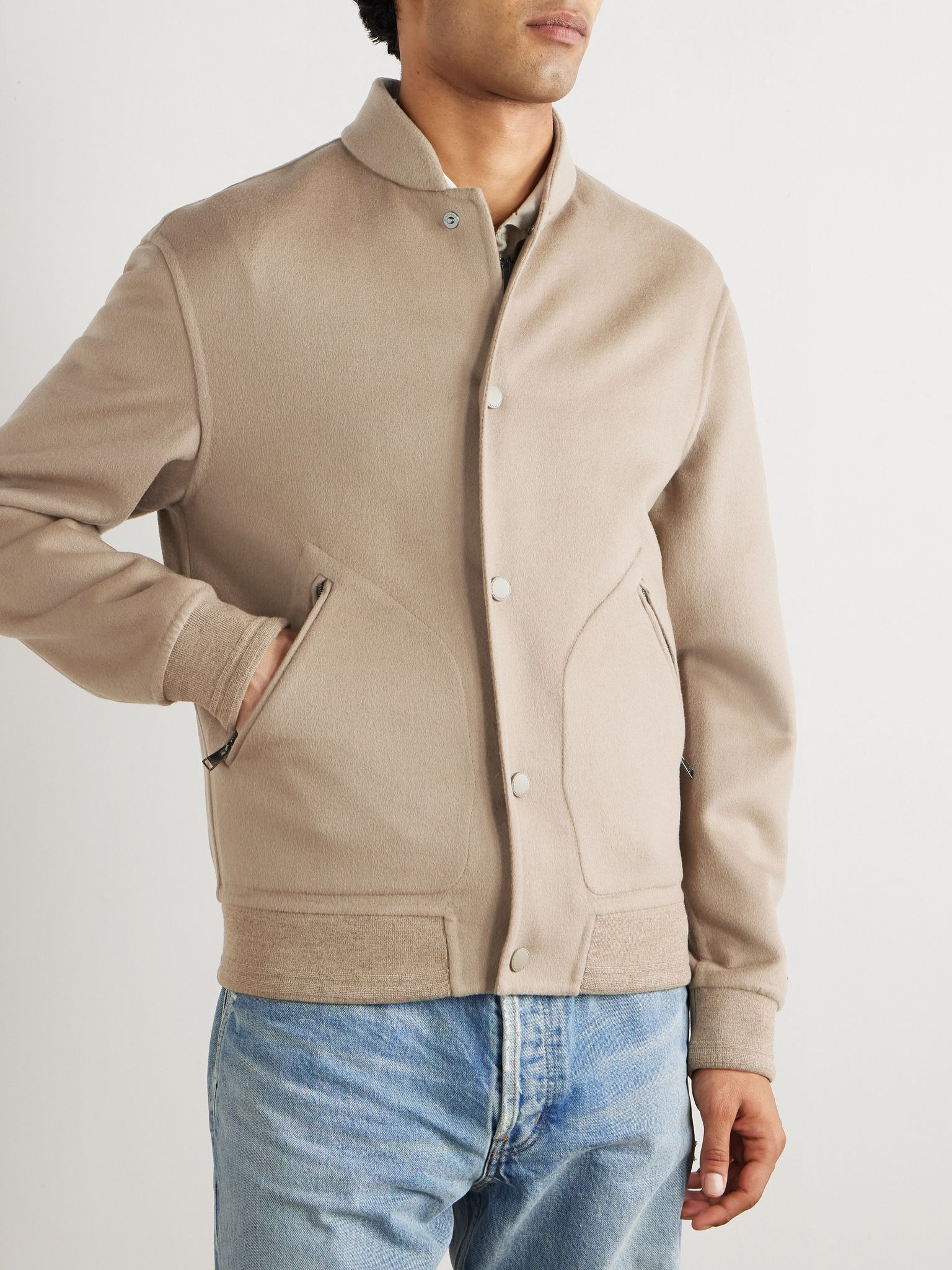 Layered Wool and Cashmere-Blend Bomber Jacket Beige - 3