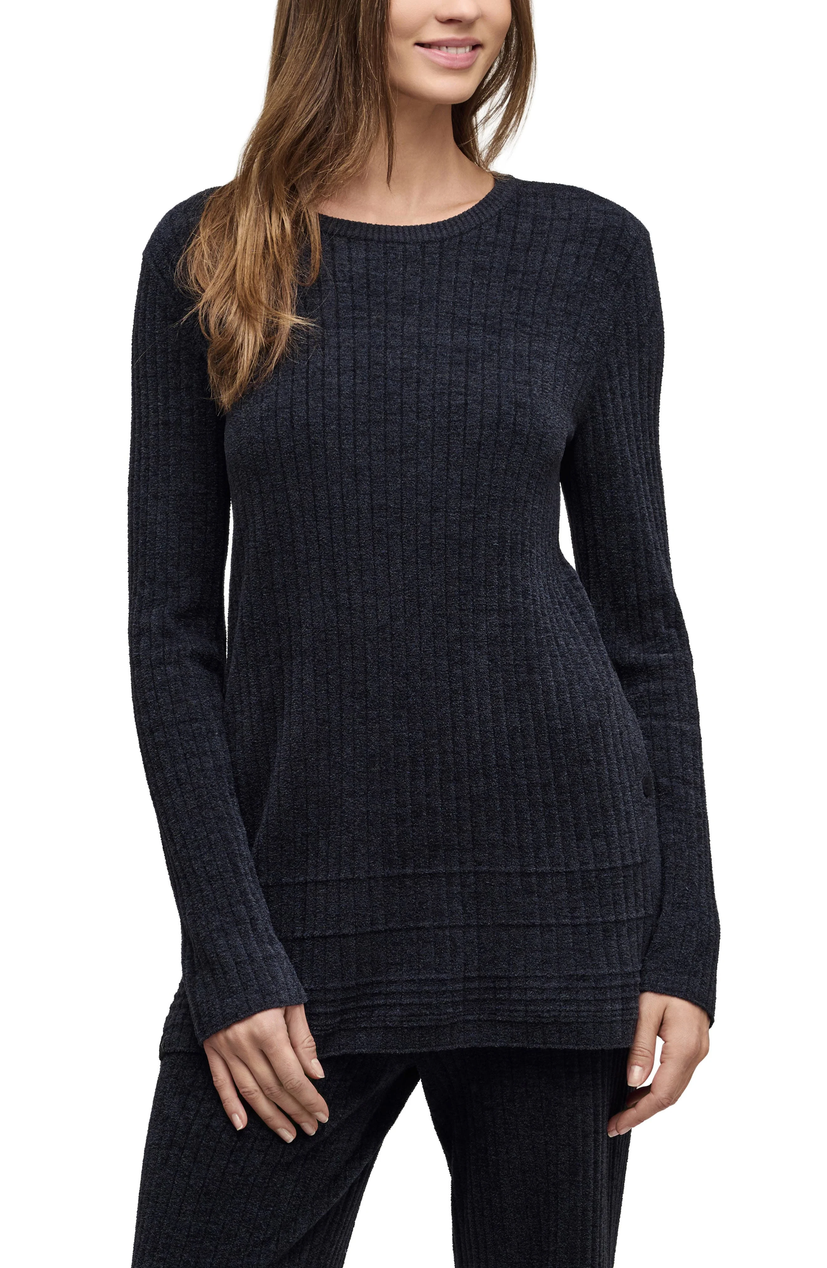 barefoot dreams CozyChic® Ultra Lite® Textured Ribbed Button Sweater in Black - 1