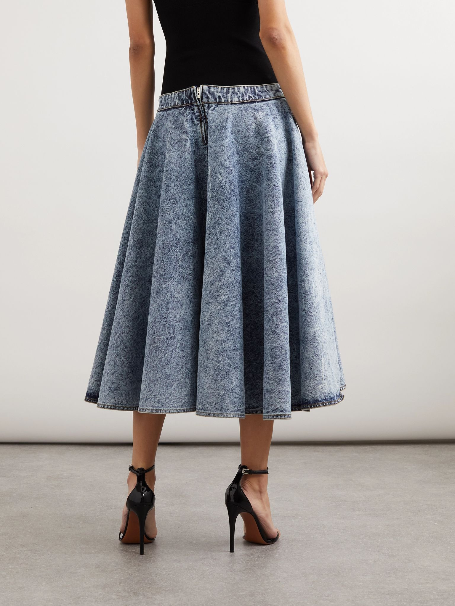 Stretch-knit and pleated denim midi skirt Blue - 3