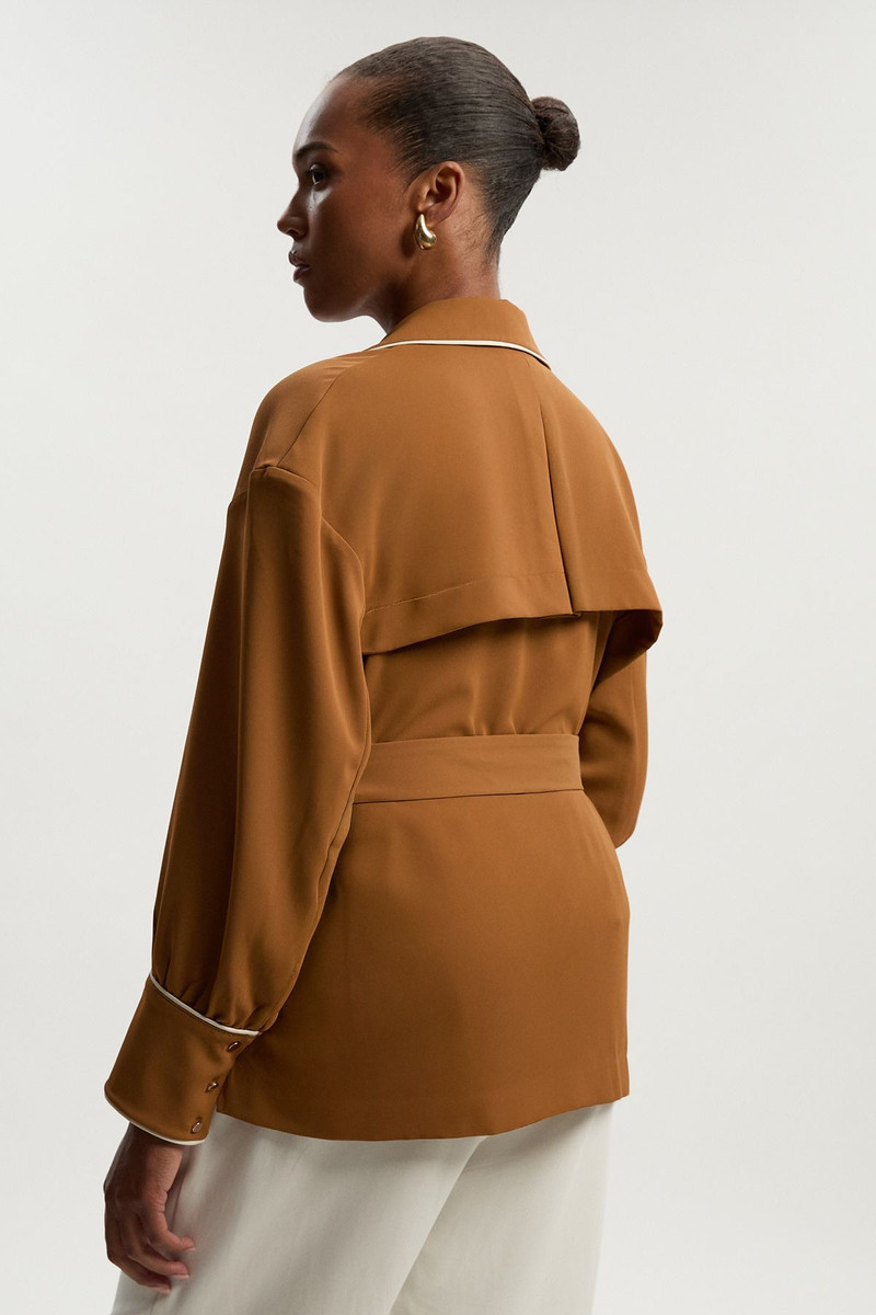 Plus Size Contrast Tipping Tie Waist Woven Trench Jacket 5