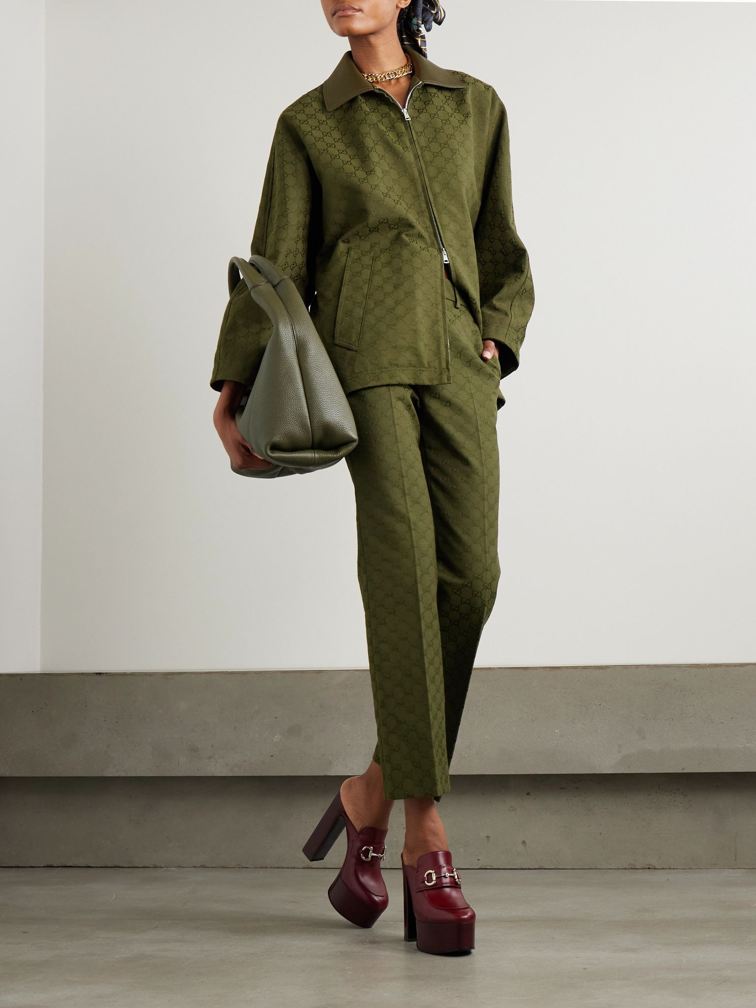 Leather-trimmed cotton-blend canvas-jacquard jacket Army green - 2
