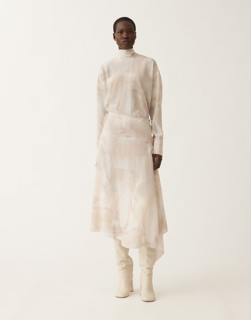 Printed crepe de chine skirt, butter 3