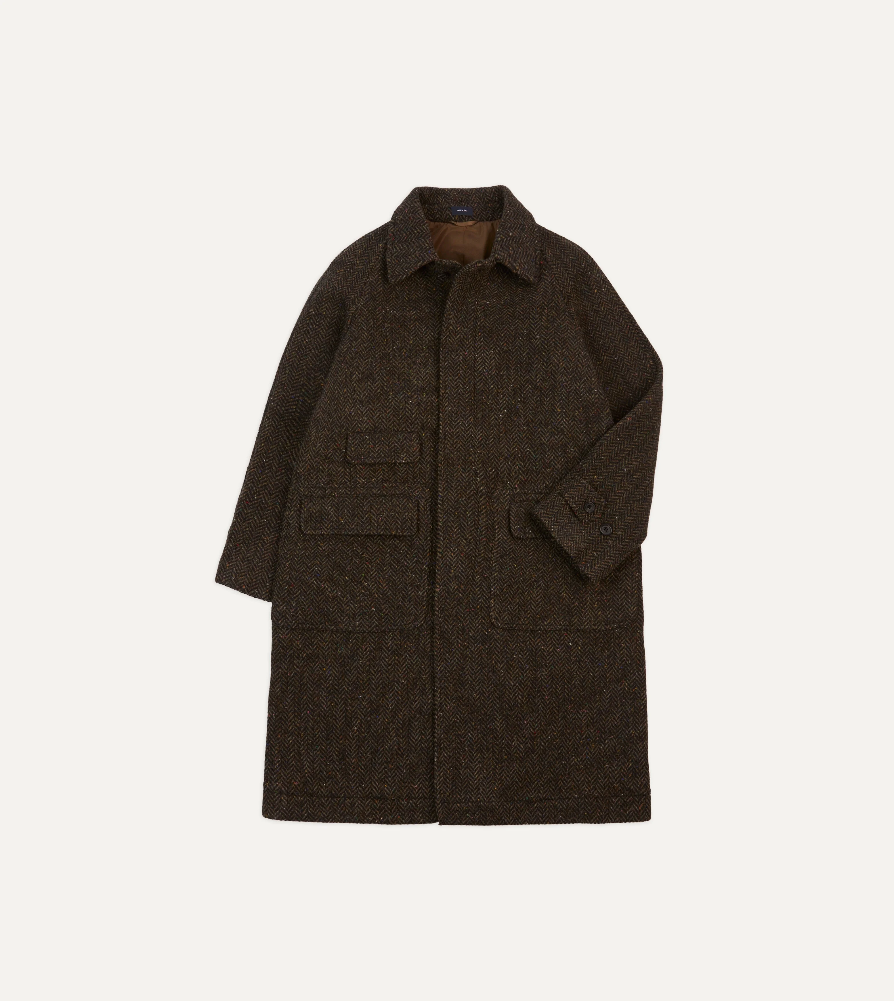 Brown Herringbone Wool Raglan Coat - 1