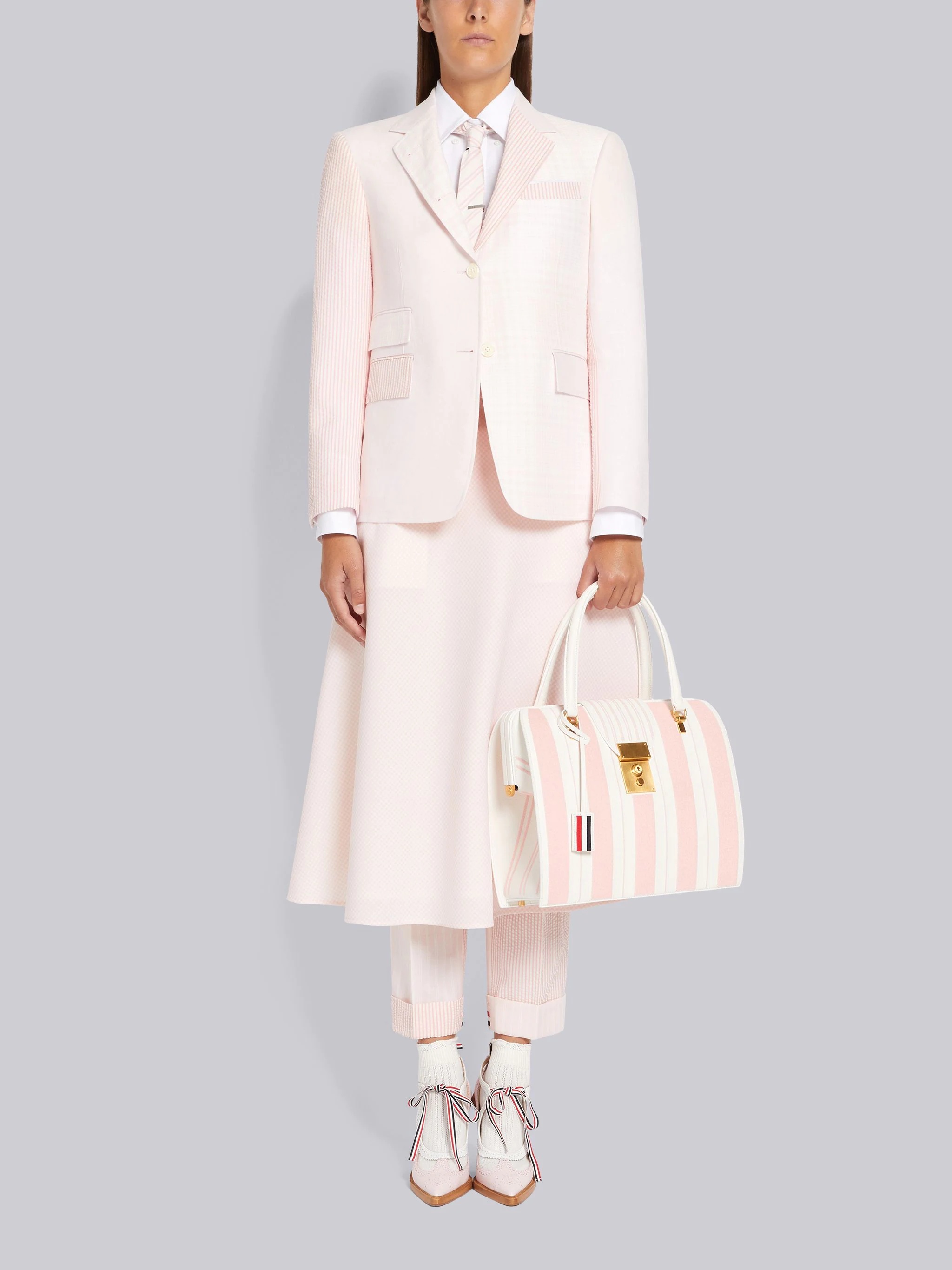 Light Pink Fun-Mix Hairline Stripe Twist Yarn Suiting And Wool Seersucker Low Rise Side Tab Slim Tro - 4