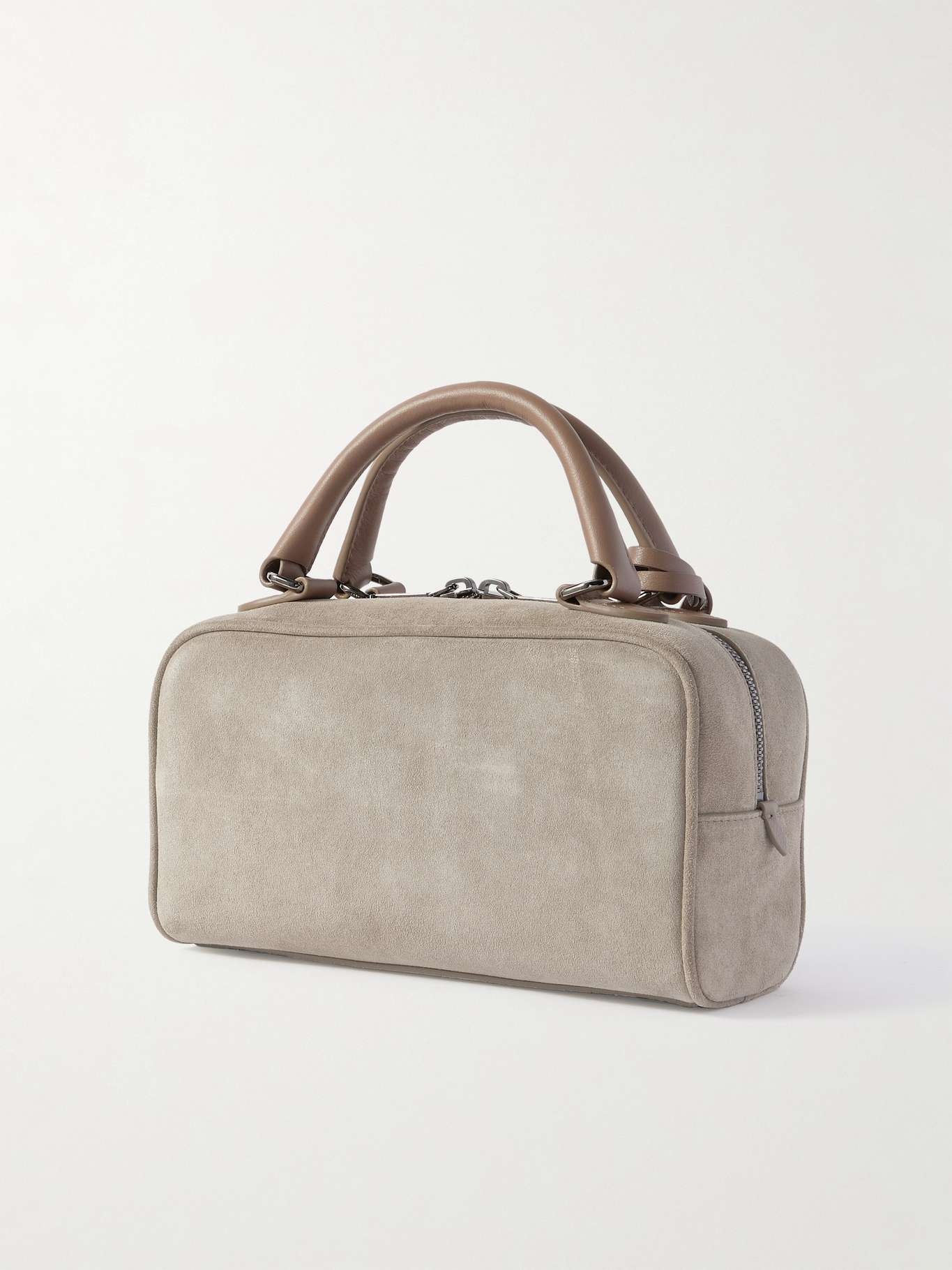 Leather-trimmed suede shoulder bag Gray - 3