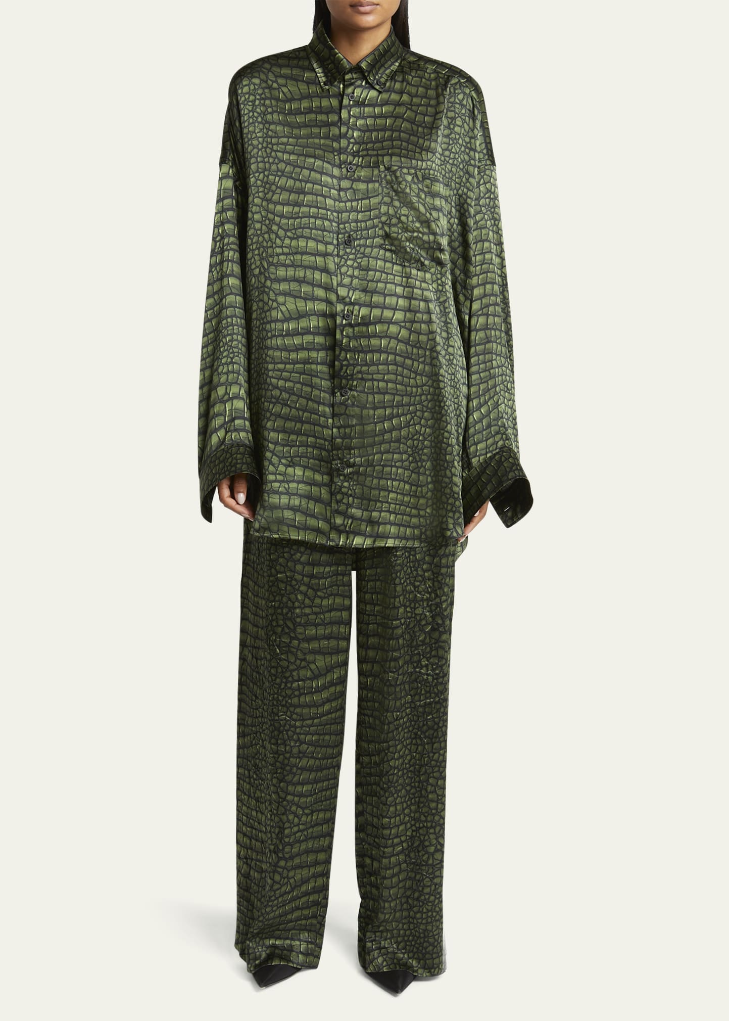 Crocodile Print Satin Button Down Cocoon Blouse - 2