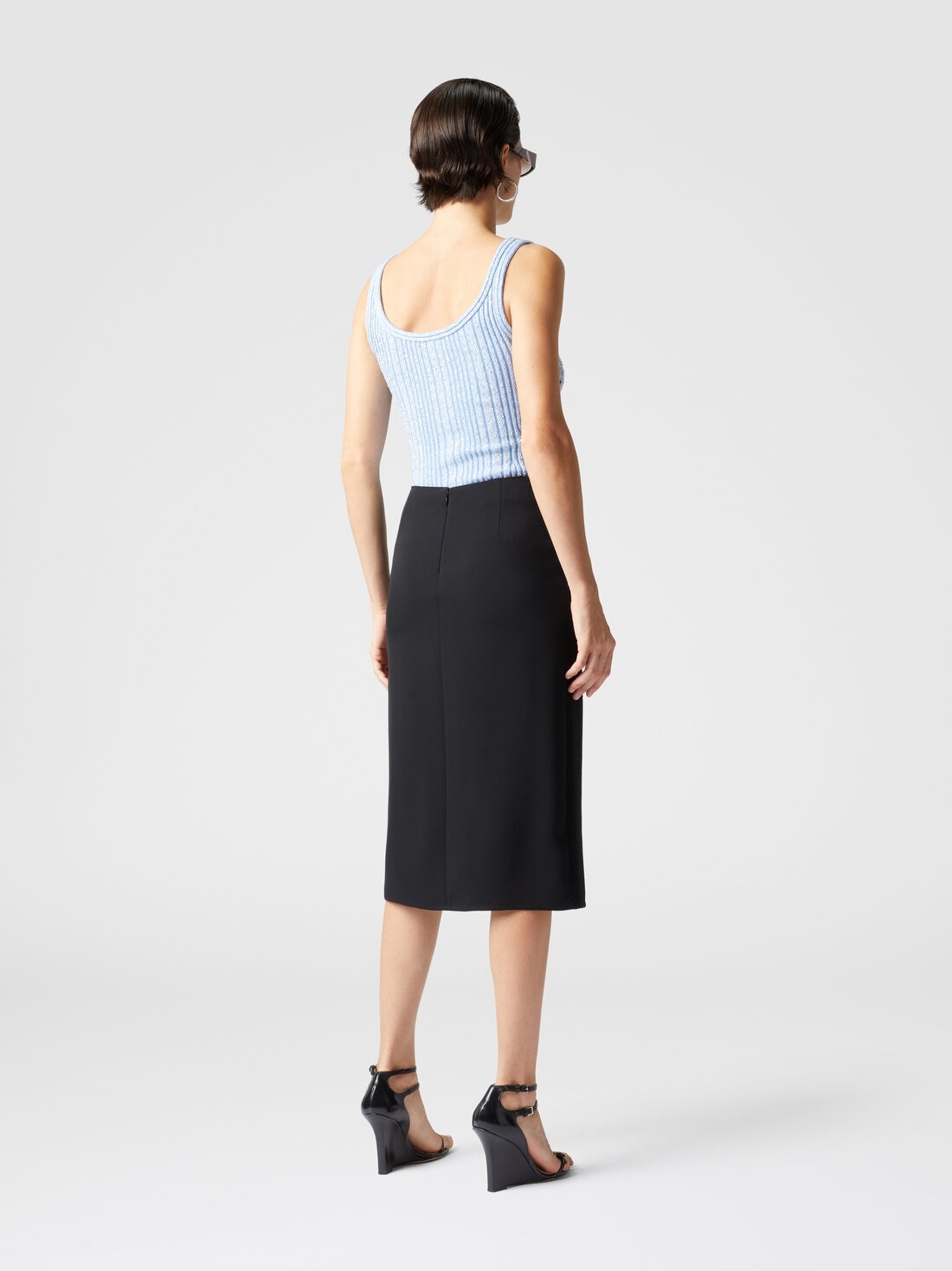 Tonal cotton and zig zag viscose midi skirt with slit - 3