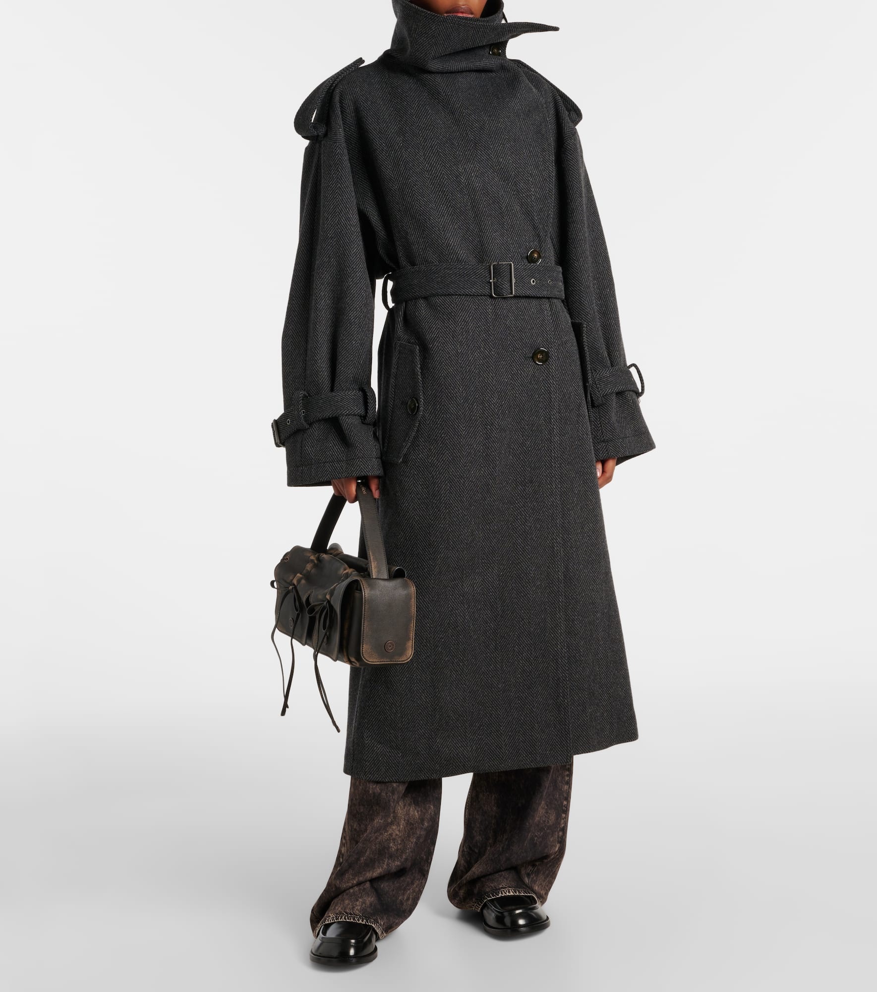 Herringbone belted wool-blend coat - 2