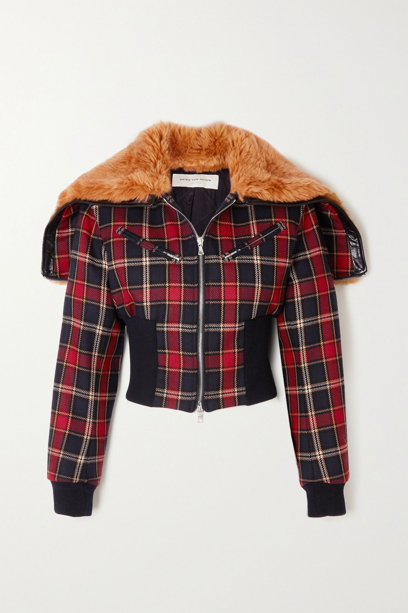 Faux fur and leather-trimmed checked wool jacket - 1