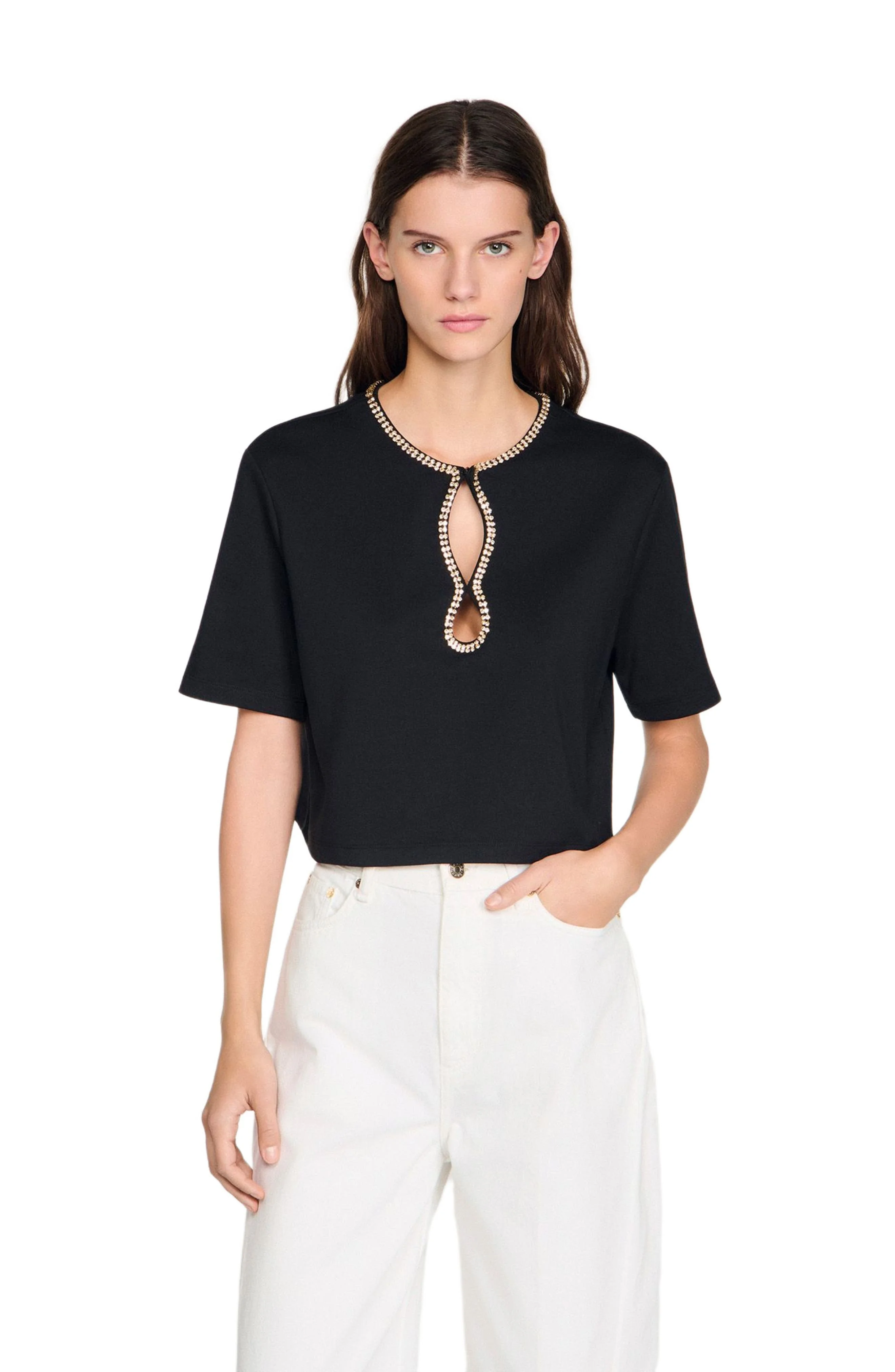 SANDRO Rhinestone cropped T-shirt in Black at Nordstrom - 1