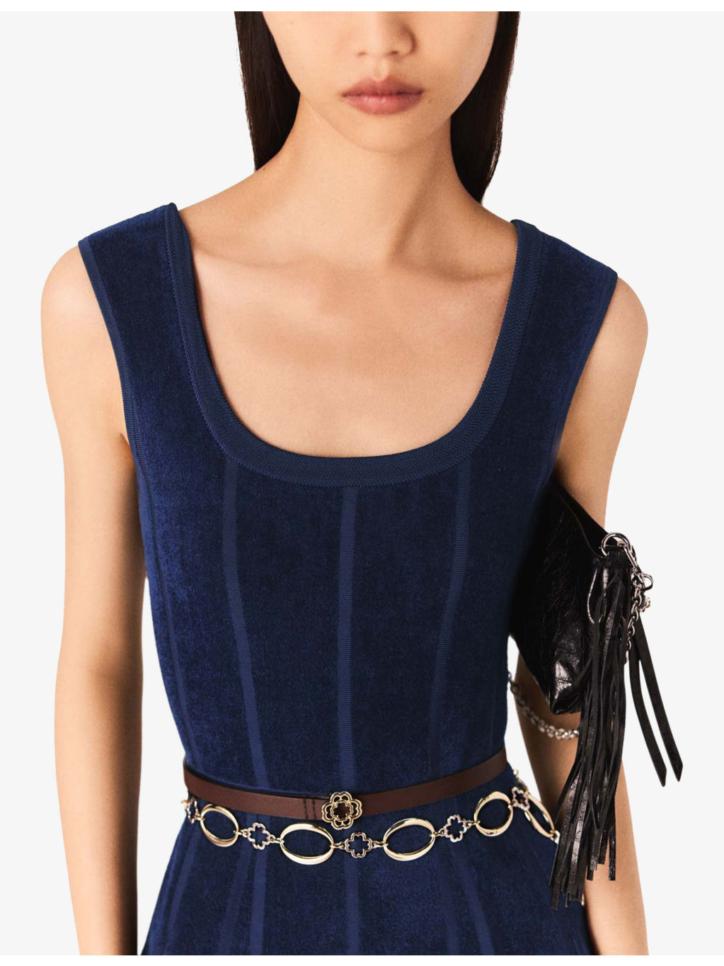 Round-Neck Flared-Skirt Stretch-Velvet Midi Dress - 6