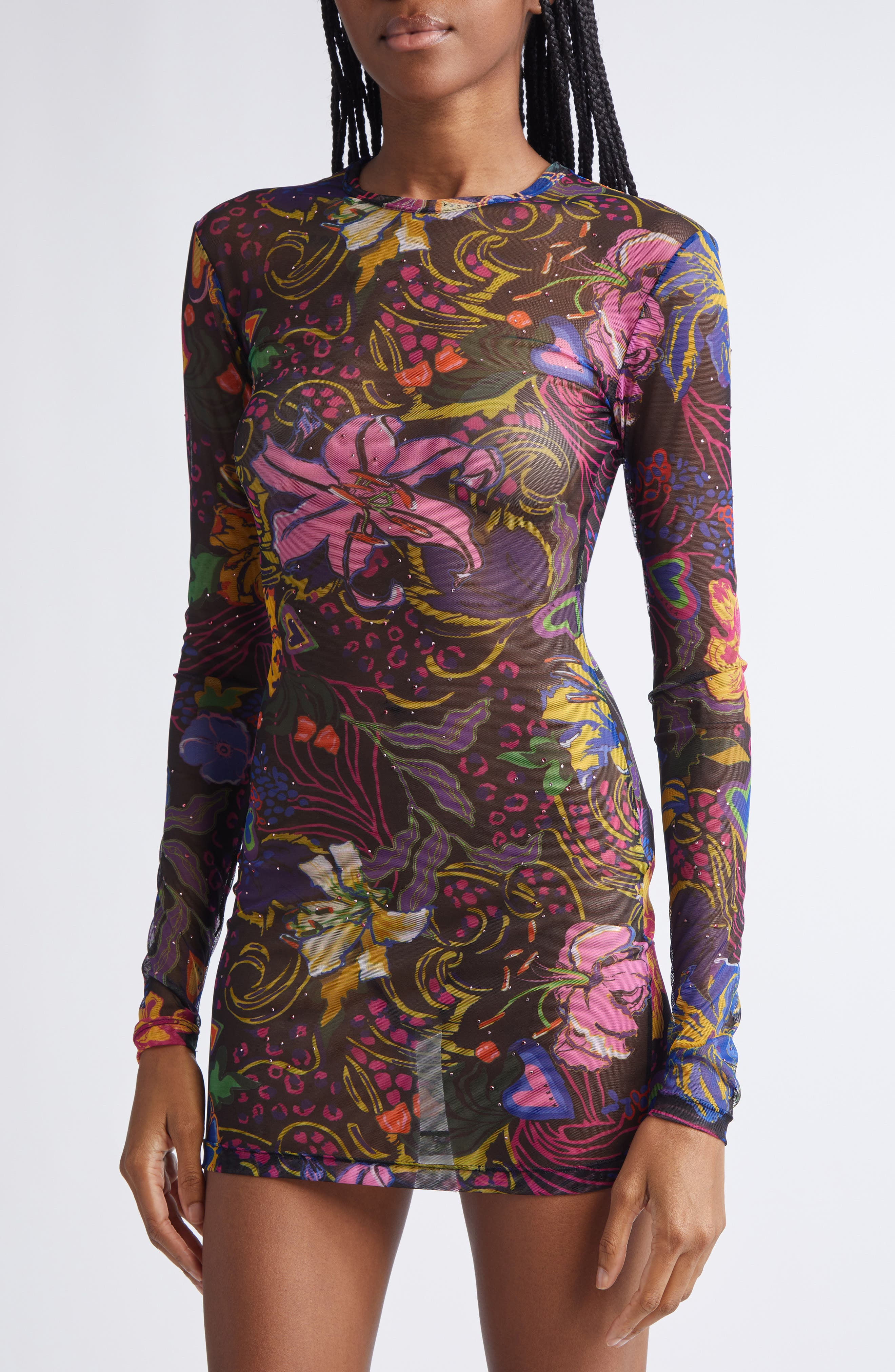 Area Hotfix Printed Long Sleeve Tulle Minidress in Black Multi at Nordstrom - 4