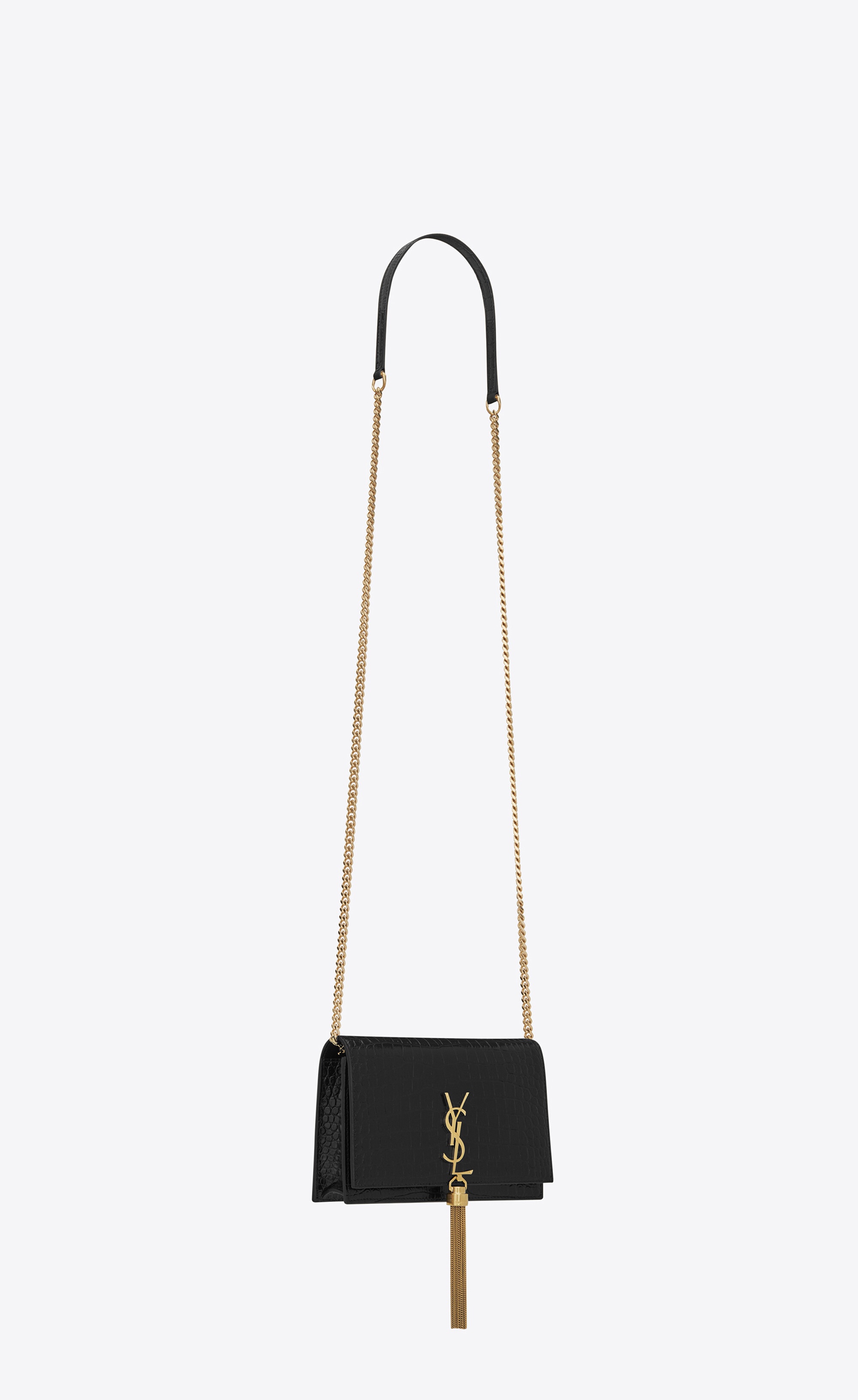 SAINT LAURENT kate chain wallet with tassel in crocodile embossed shiny leather REVERSIBLE