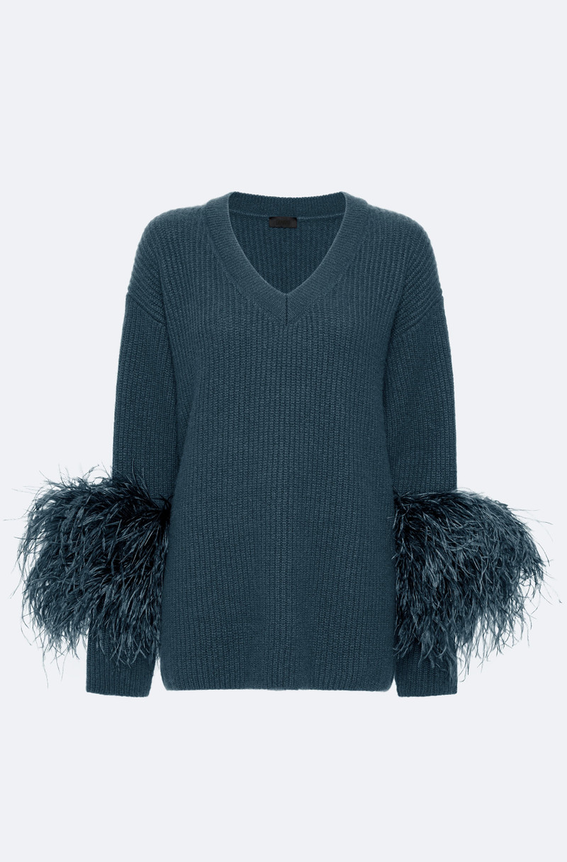 Cashmere V Neck Sweater With Feathers 1