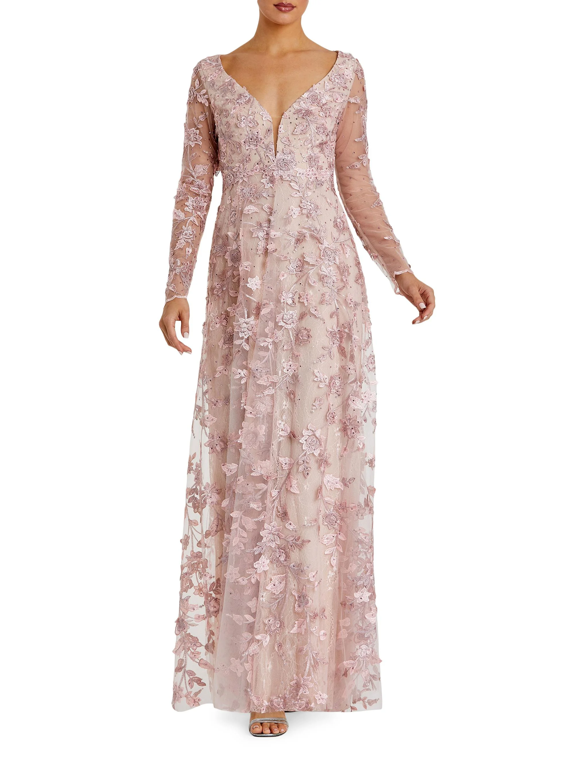 Women's 3D Floral-Embellished Lace Gown - Rose Pink - 1