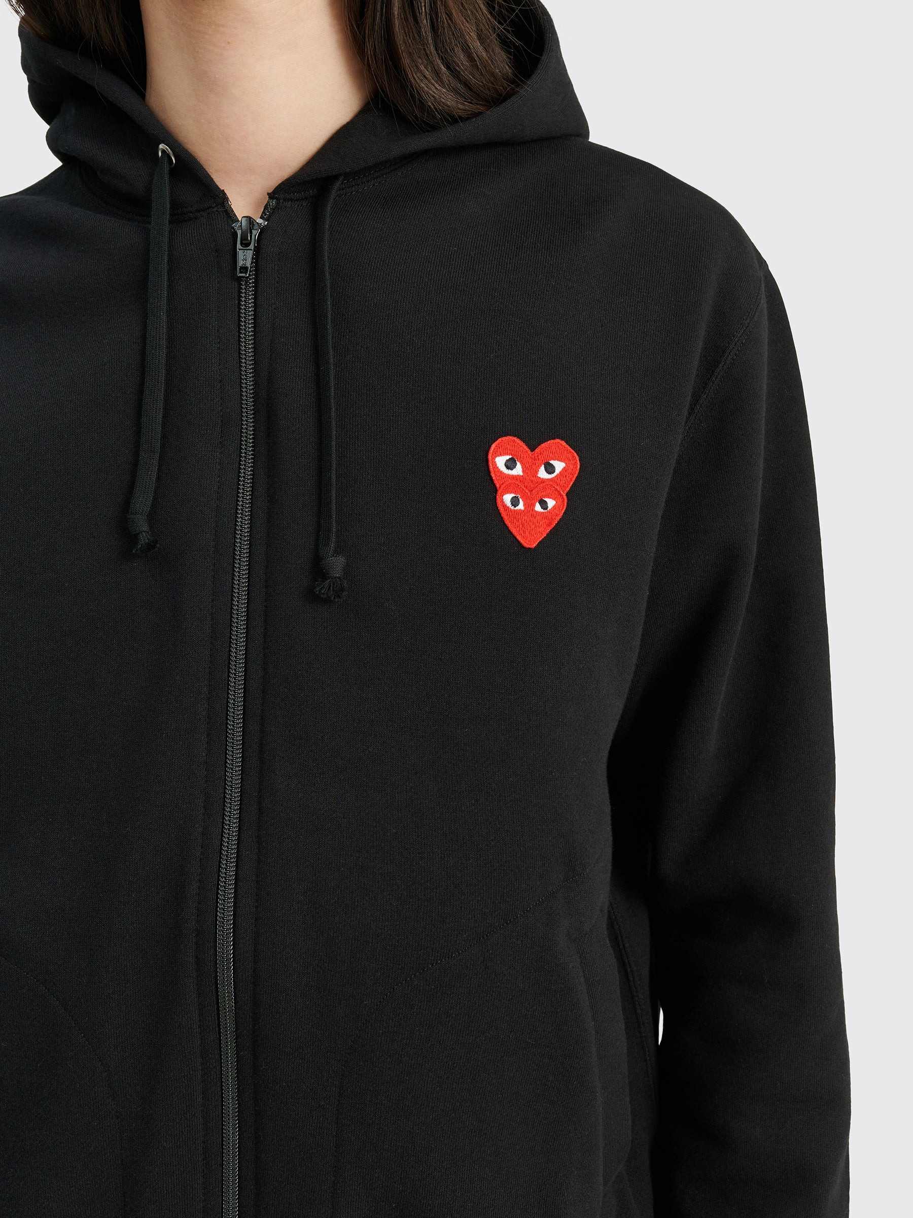 COMME DES GARÇONS PLAY DOUBLE HEART HOODED ZIP SWEATSHIRT BLACK - 6